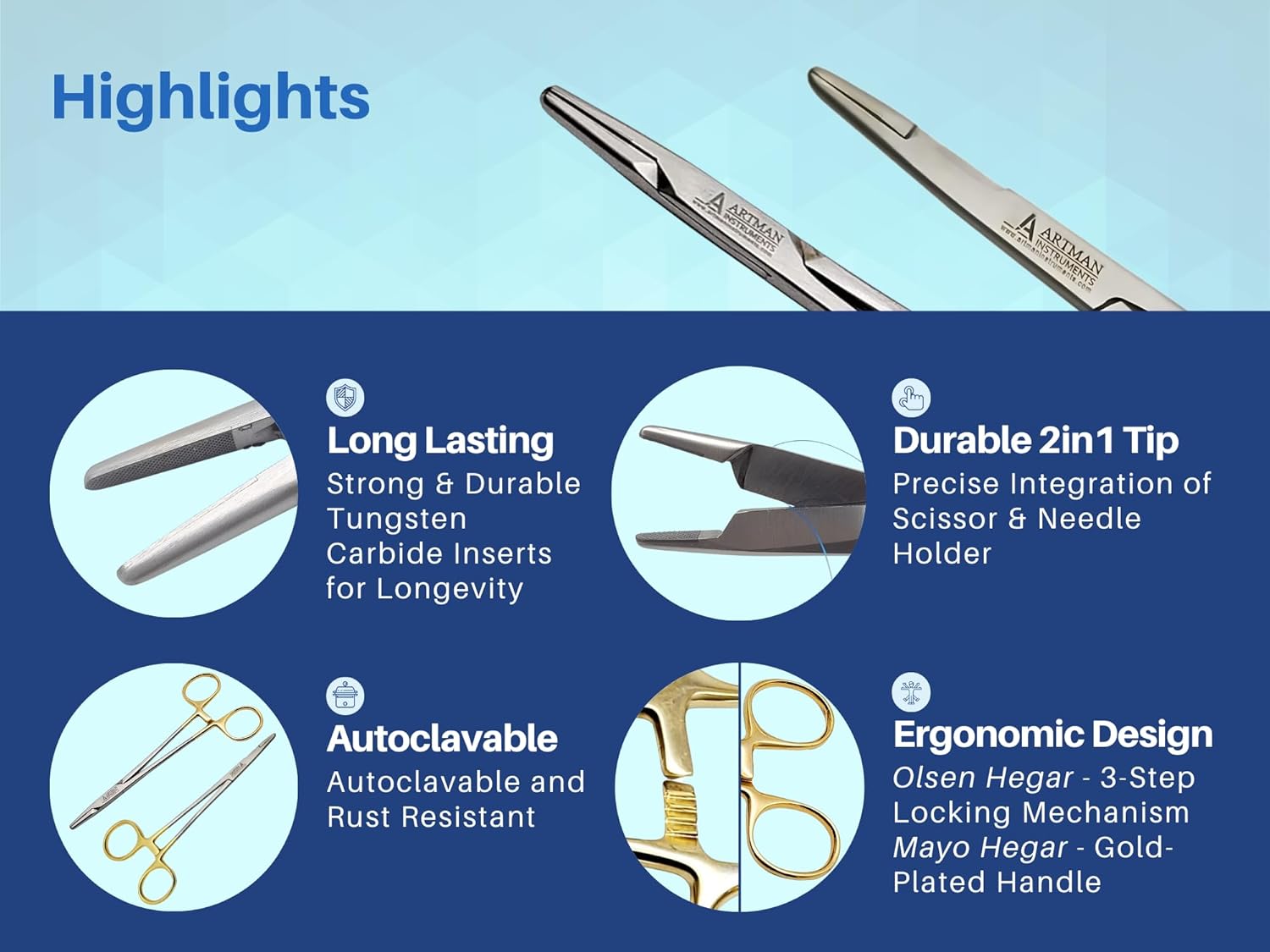 Bundle of Olsen Hegar Needle Holder 6" Gold Plated Handle w/Tungsten Carbide Inserts & Mayo Hegar Needle Holder 6" Gold Plated Handle w/Tungsten Carbide Inserts by Artman Instruments