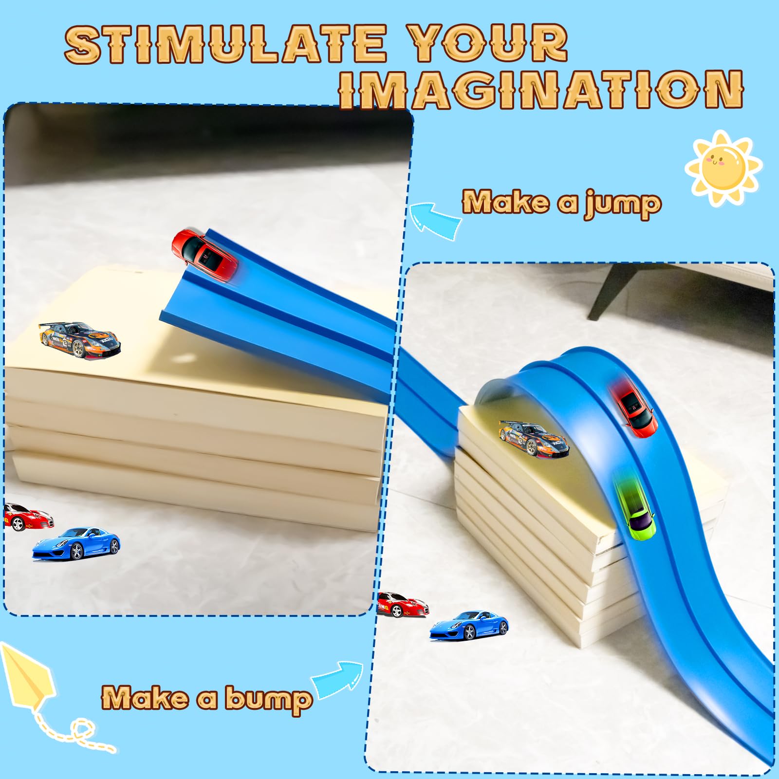 Flex Track - Juego de iniciación de 15 pies, pista de rampa flexible para autos de carreras para edades de 3 años en adelante con ventosas, compatible con autos fundidos a presión 1/64 7