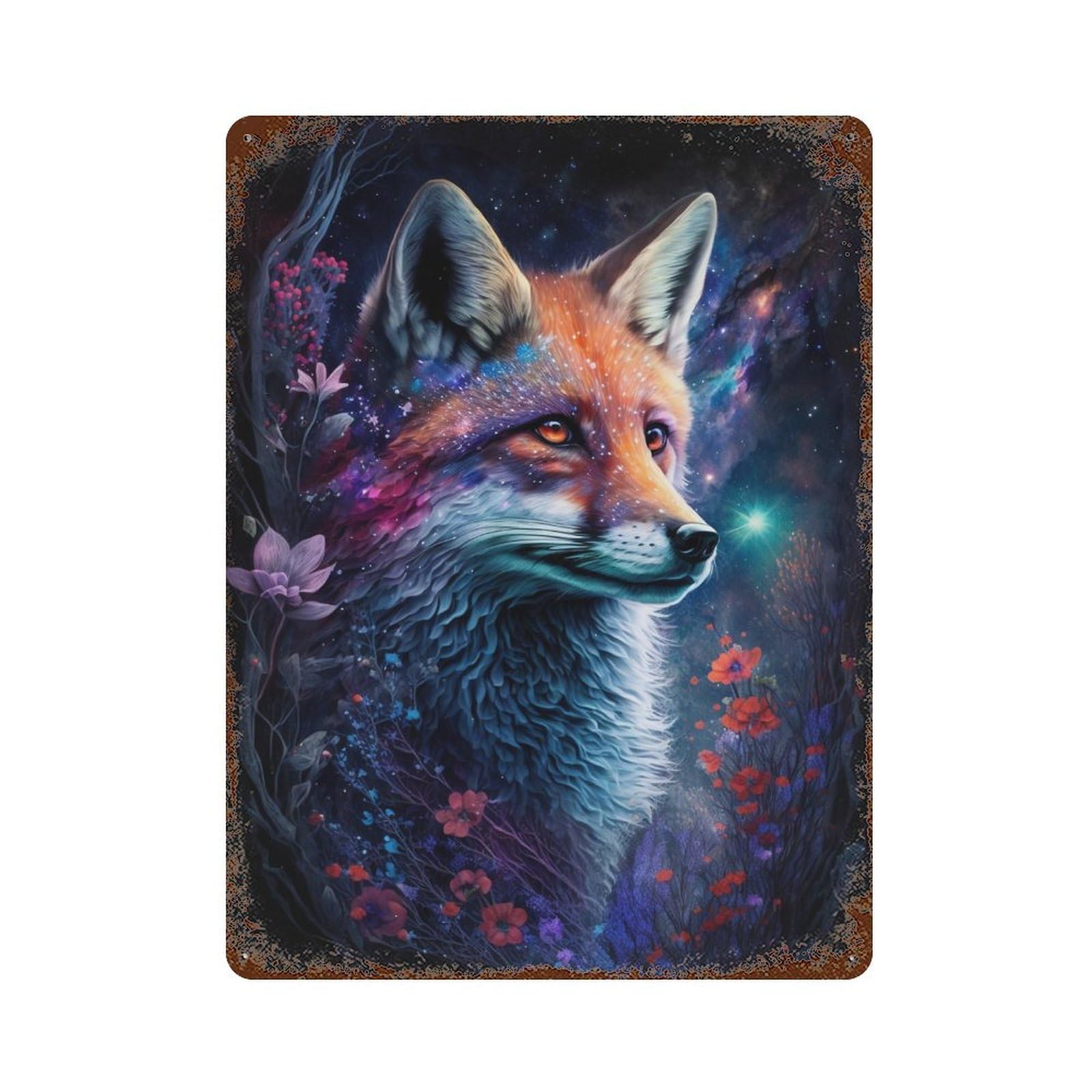 Garage Style Galactic Fox Fantasy Art Rustic Tin Plaque 15.7"x11.8", Vintage Wall Decor for Bar And Workshop