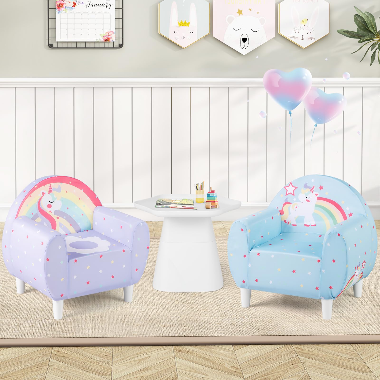 DREAMADE Kindersofa mit schönem Einhornmuster, Kindersessel mit ergonomischer Rückenlehne & Armlehnen, atmungsaktives Kindercouch für Spielzimmer & Kinderzimmer, für Kinder ab 3 Jahren (Lila)