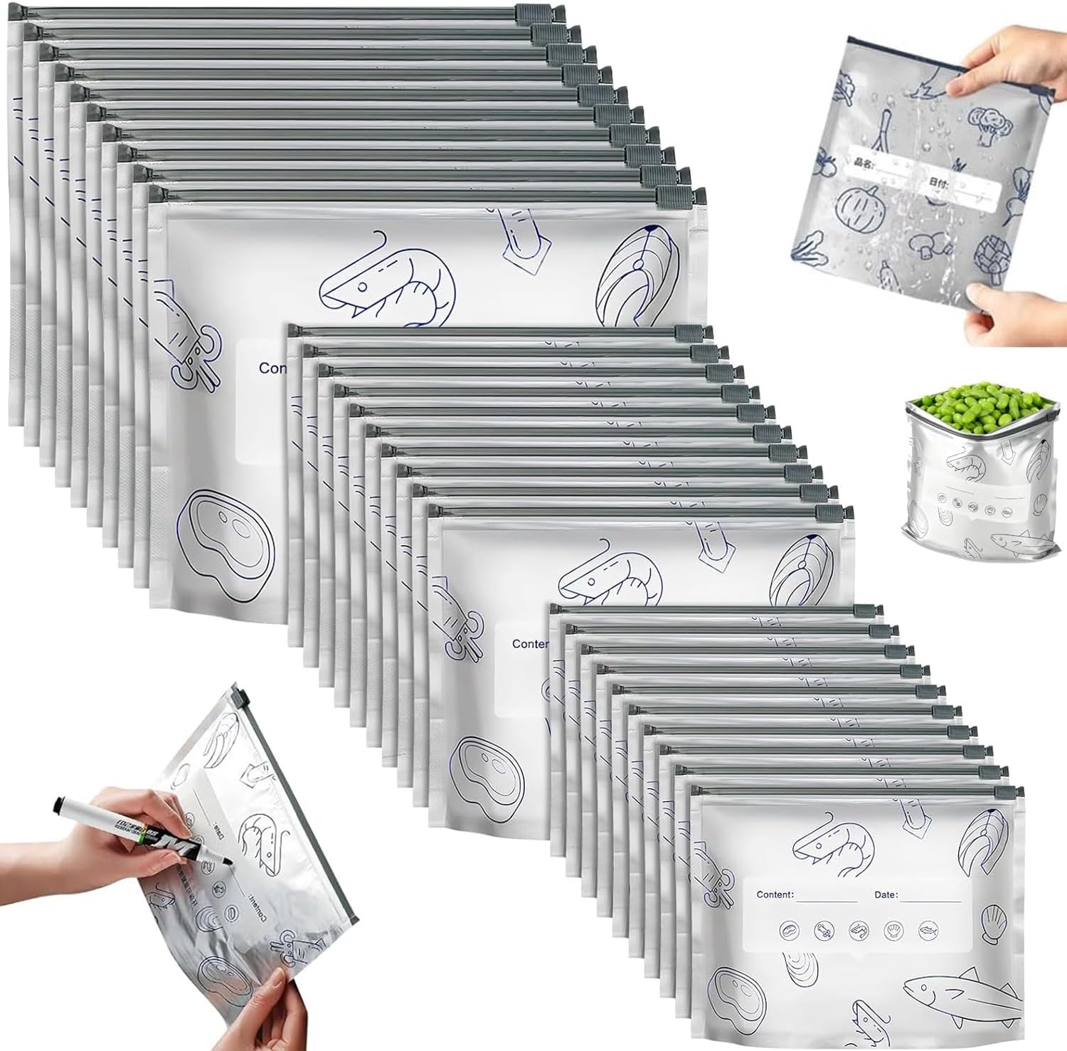 30 Pcs Reusable Aluminum Foil Sealable Storage Bags, 2025 New Resealable Vacuum Zipper Pouches for Food, Stand Up Foil Sealable Bags with Label and Zip Lock for Vegetable Fruit Meat (3 Size)