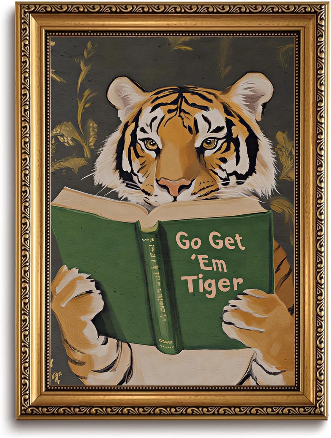 AYHSSMO Gold Framed Funny Tiger Wall Art Motivational Animal Reading Wall Decor Eclectic Go Get Em Tiger Canvas Art Humorous Bookworm Paintings For Living Room Bedroom Office Study Library 12x16in