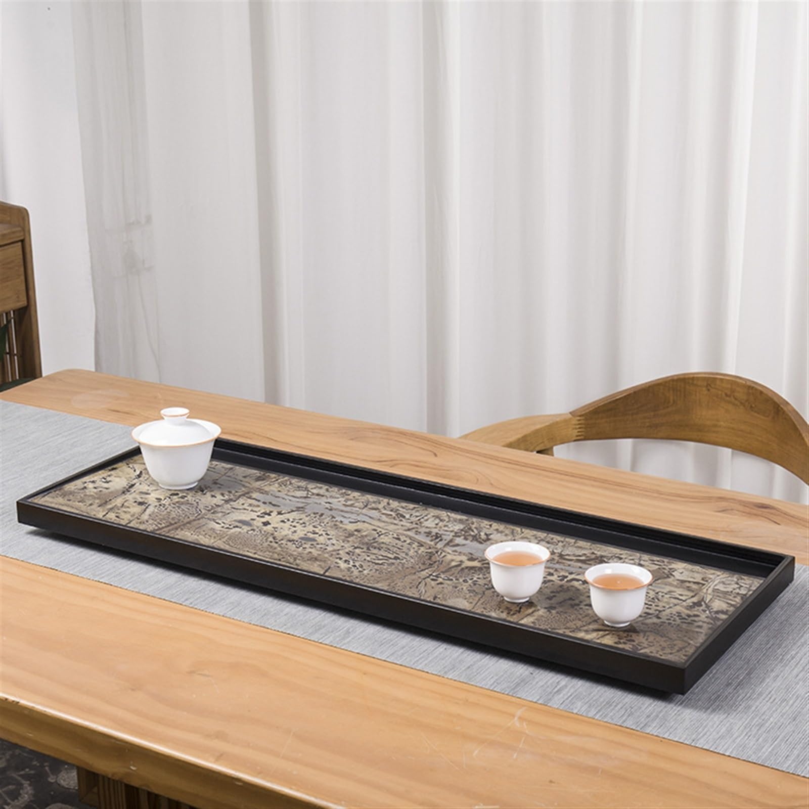 Bandeja de té Sencilla, Juego de té, Bandeja de té de ebonita Natural, Pieza Entera, hogar, Oficina, Piedra fosilizada Nacional China (70 x 35 x 3 cm)
