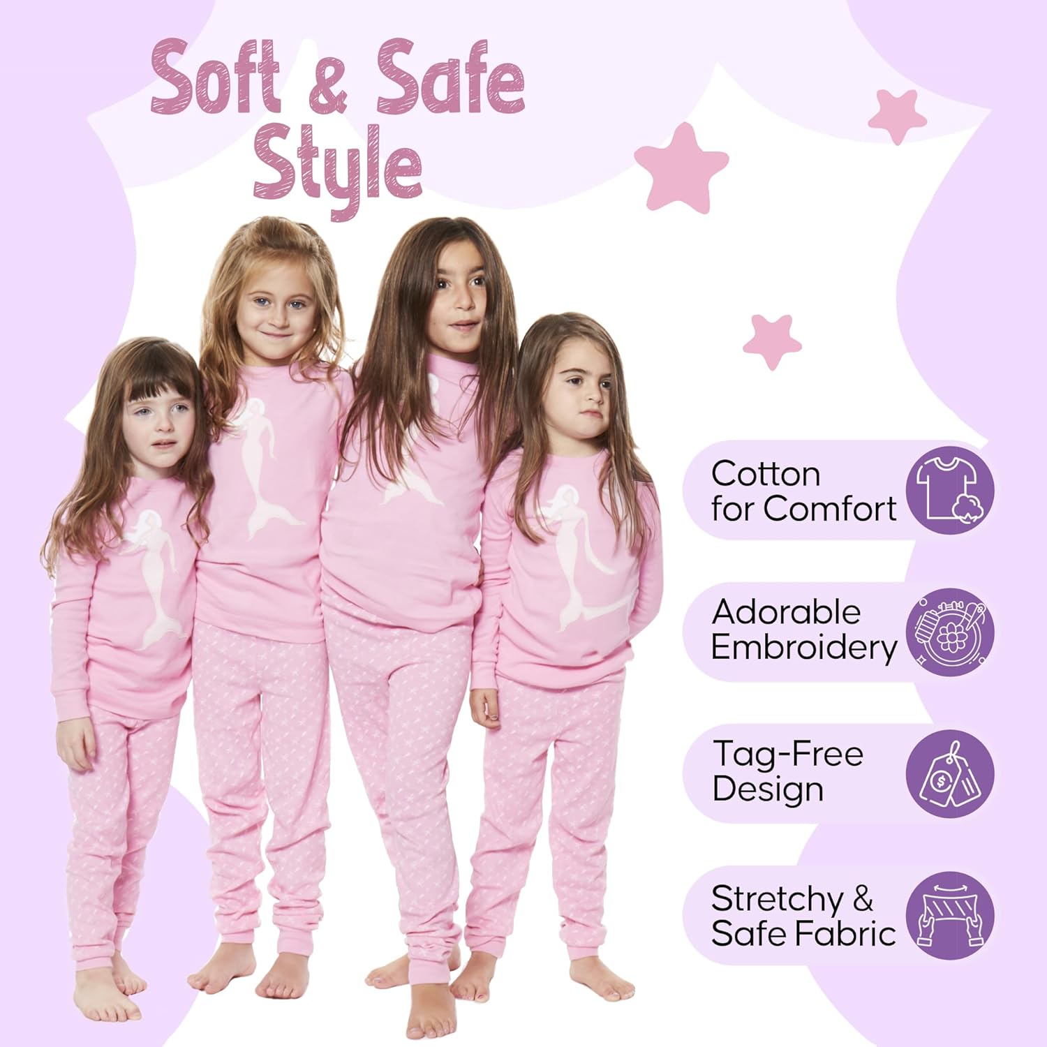 2 Piece Tag Free Mermaid Pjs for Girls - 100% Cotton Pajamas Set - Kids Winter Pajama - Girl Sleepwear (12M-8Y) - Image 2