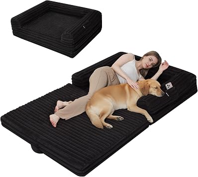 Human Dog Bed for Adults, Foldable Human Size Dog Bed, 2-in-1 Large Pet Sofa with Bolster, Orthopedic Egg Crate Foam, Calming Fluffy Pet Couch, Removable Cover, 71"x43"x10", Black