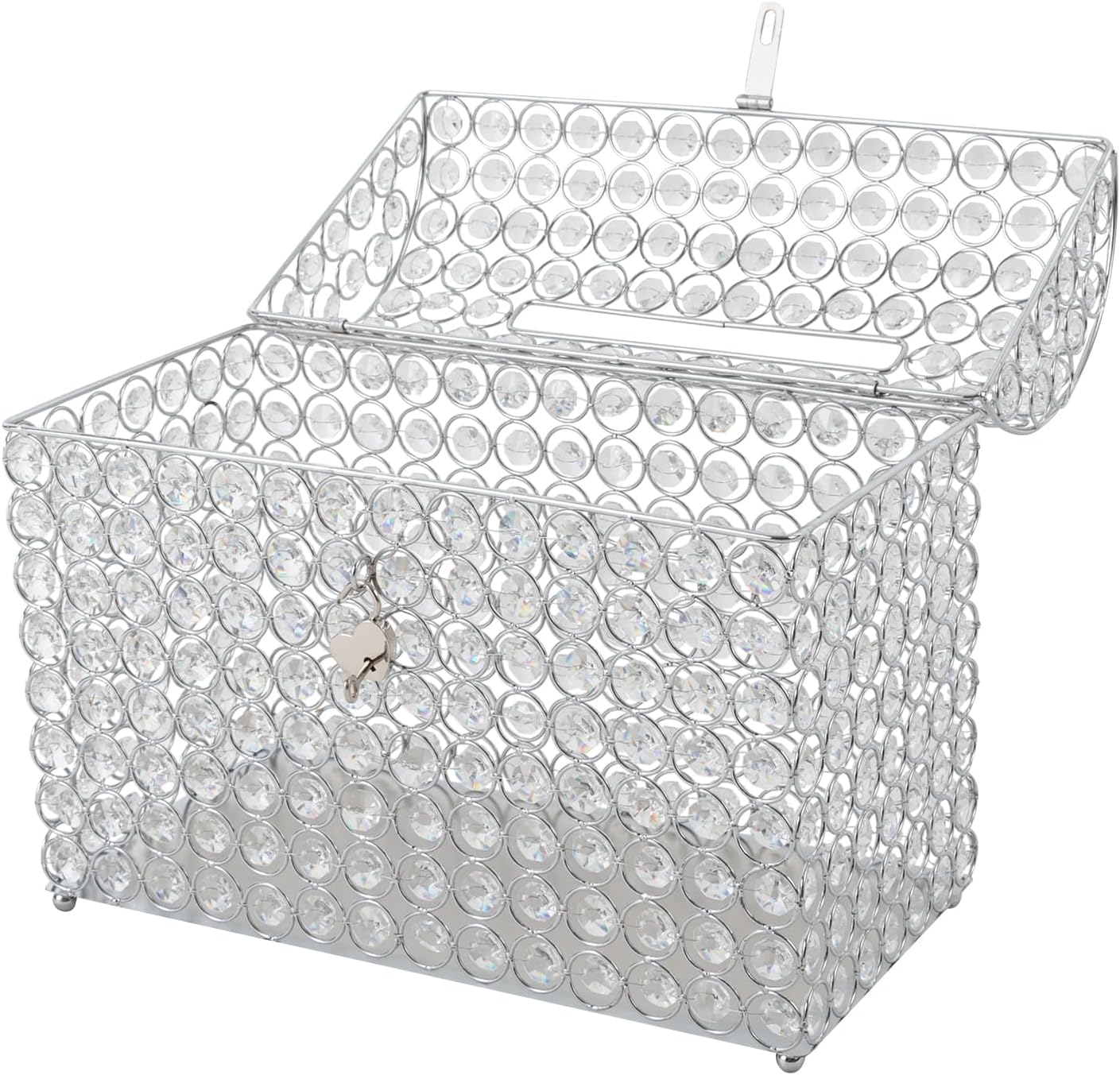 Crystal Wedding Card Box With Heart Lock Silver Treasure Chest Money Card Box Gift Decorative Memory Box for Wedding Birthday Graduation Party Decoration