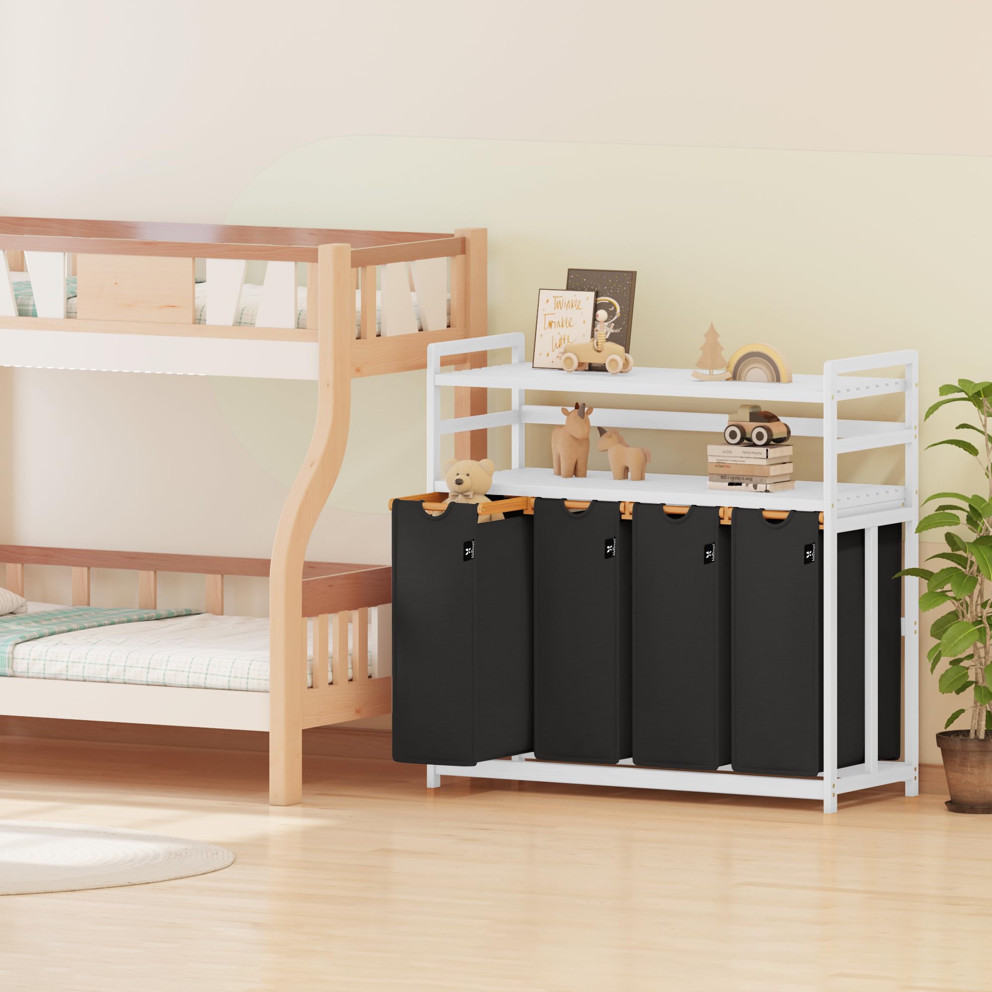 AdelDream - Cesto para la colada (200 L, 4 compartimentos, 2 estantes, bambú) | Clasificador de ropa sucia de 4 x 50 L, extensible, extraíble, doble estante, color blanco y negro