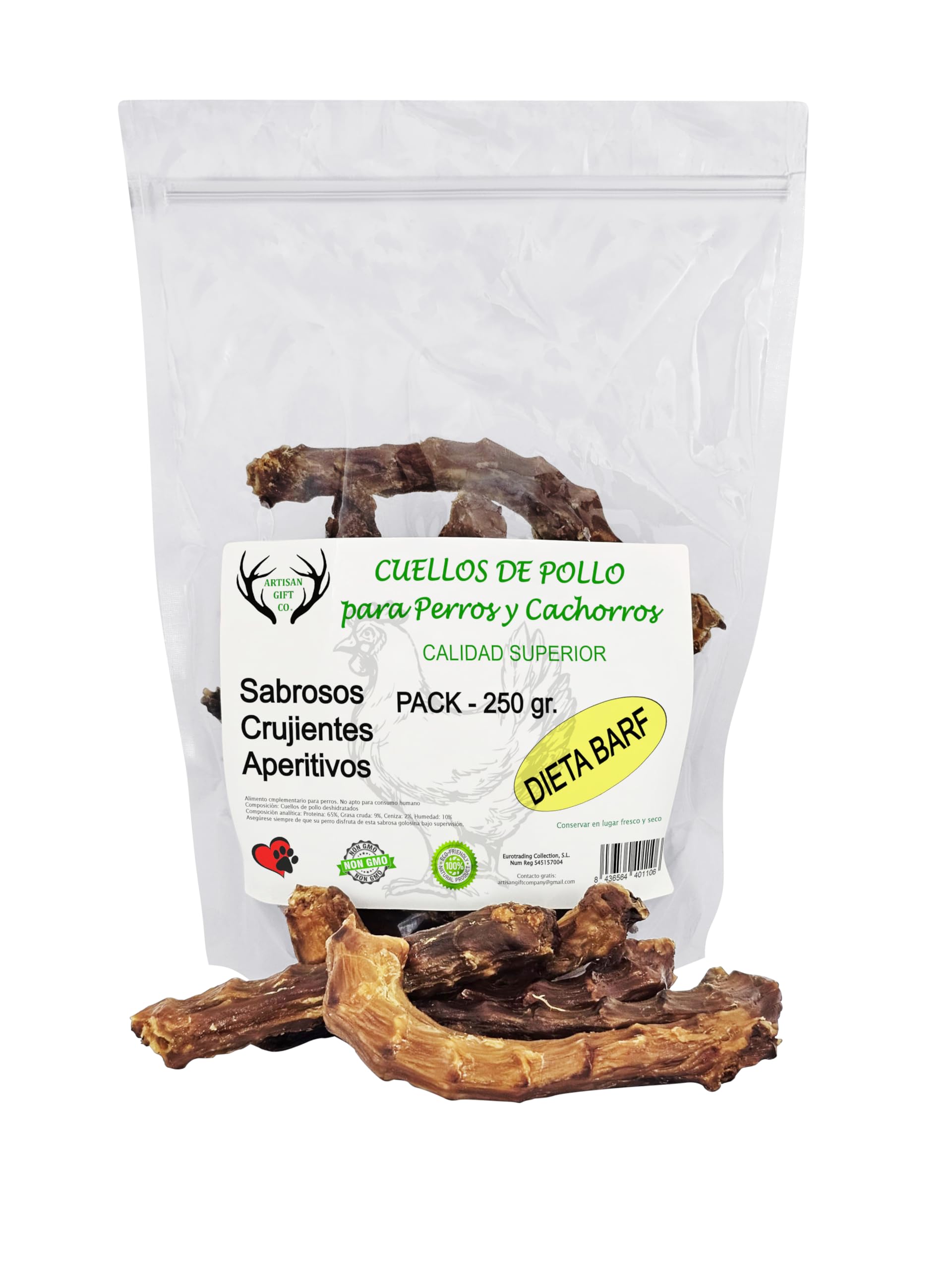 ARTISAN GIFT CO Snacks Naturales para Perros – 100% Carne Sabrosa Deshidratada, Apto para Dieta Barf (250 gr, Cuellos de Pollo)