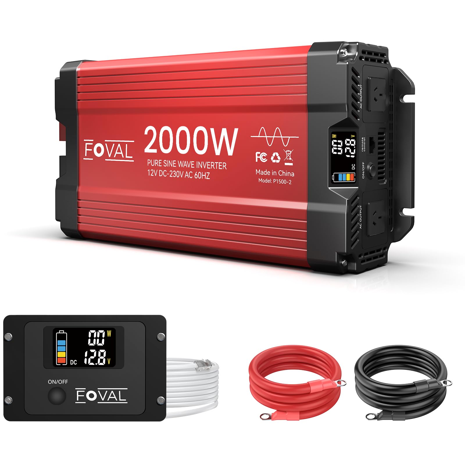 FOVAL 2000W Pure Sine Wave Inverter 12V DC to 230V AC Converter 