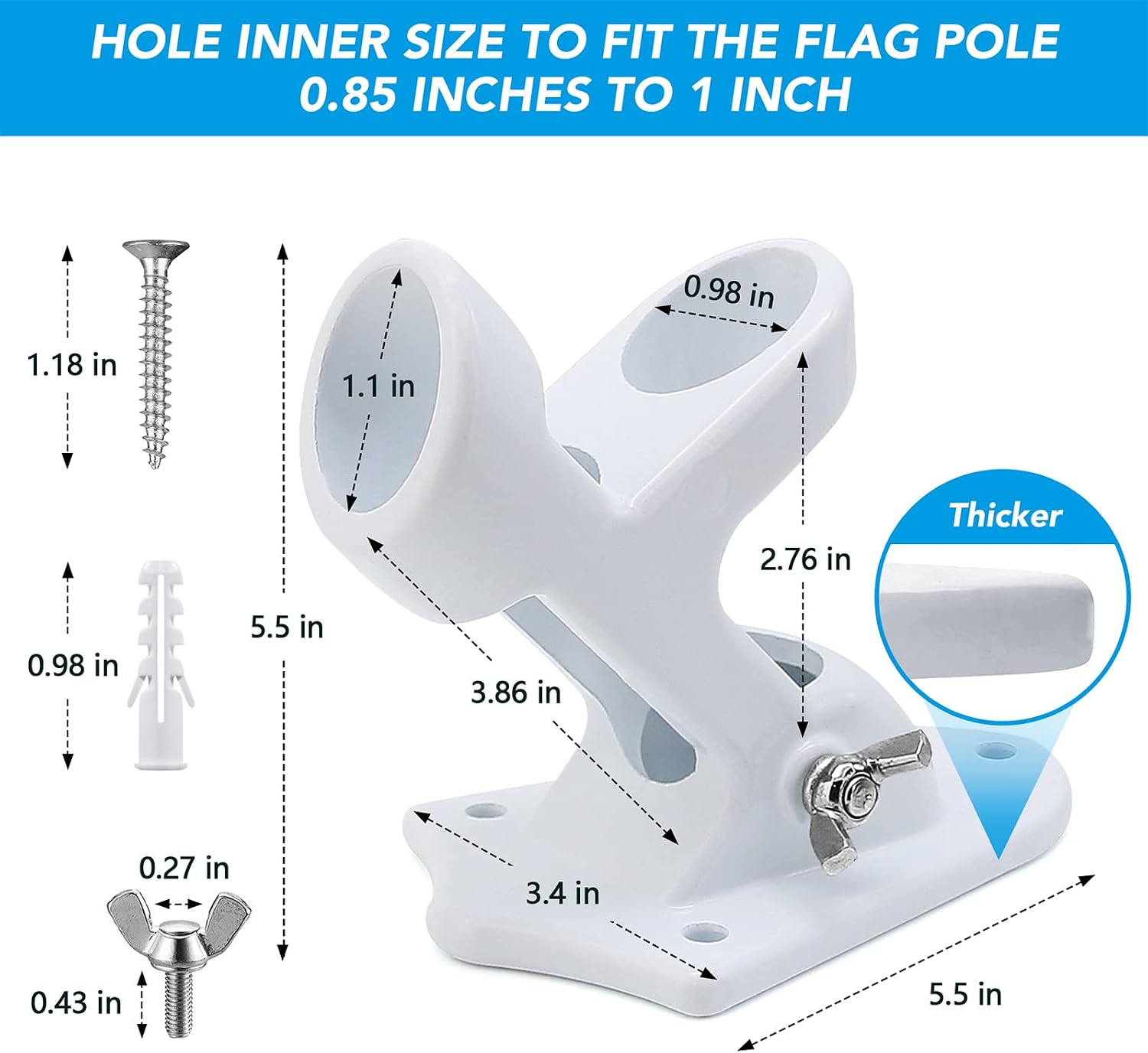 HOOPLE Flag Pole Holder for Outside House, Heavy Duty Aluminum Flag Holder & Flag Pole Mounting Bracket, Rust Free Wall Mount Flag Bracket with Stainless Hardware, Fits 1” Flag Pole (White-2Pack) image 4