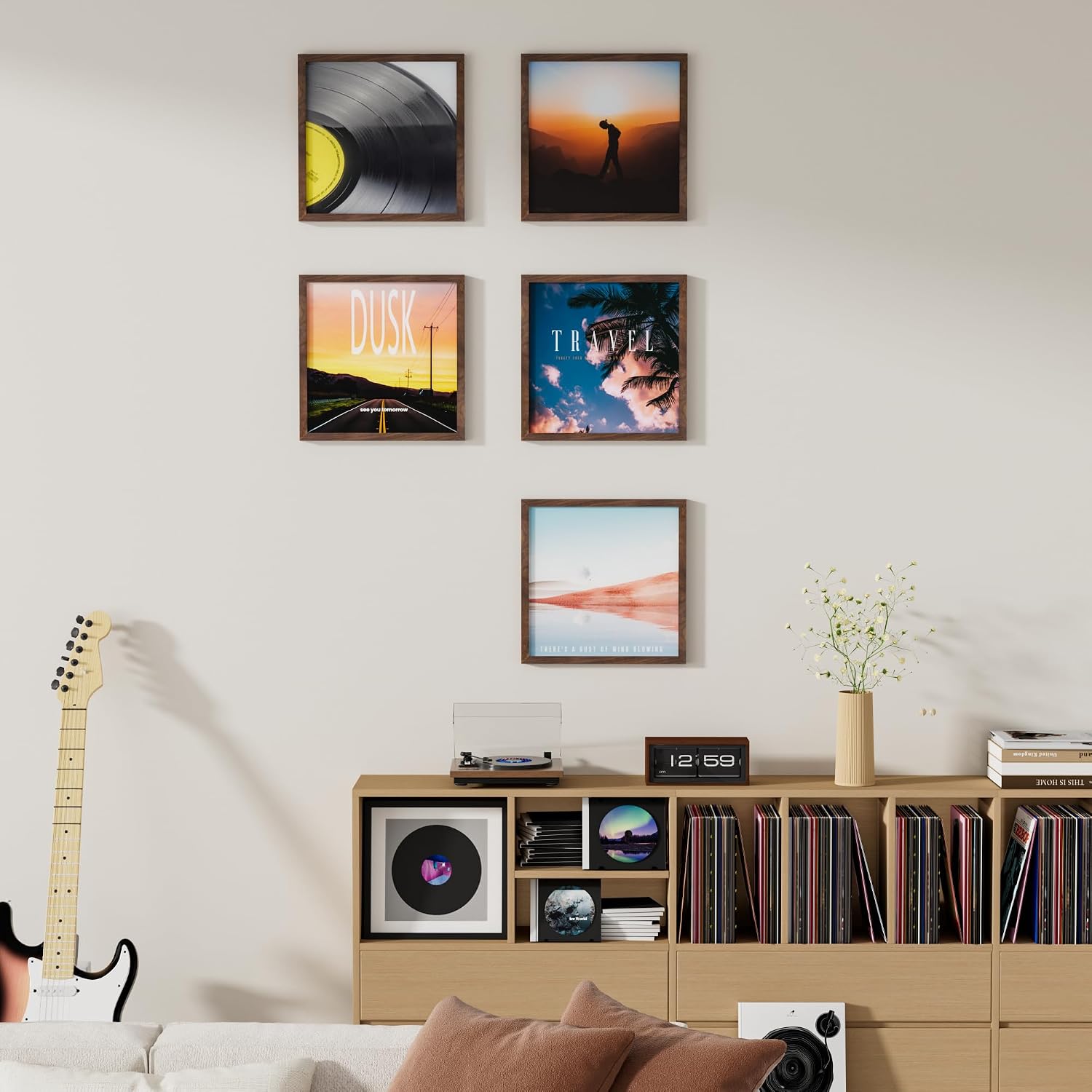 Venusmiles Vinyl Record Frame Natural Walnut Wood for 12.5 X 12.5 Inches LP Record Album Disply Frame without Mat, Single Groove, Shatter-Resistant Tempered Glass Cover and Wall Hanging Hardware