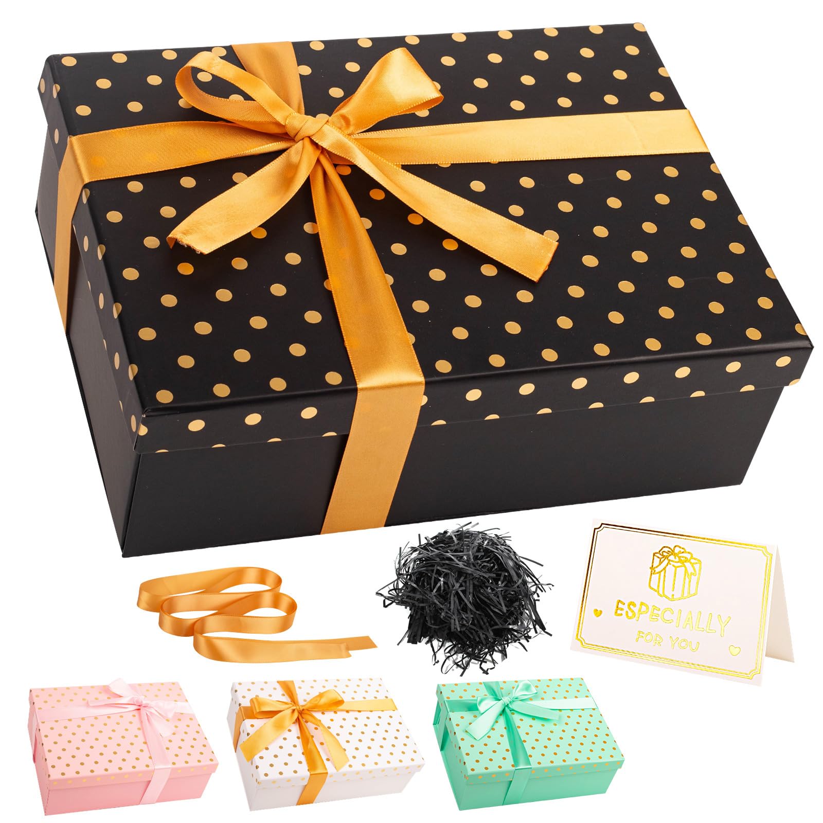 Black Gift Box with Lid 25x18x9cm Luxury Large Gift Boxes for Presents, Empty Birthday Gift Box for Christmas Wedding Bridal Valentines Day Birthday Present Box Women Men with Card Ribbon