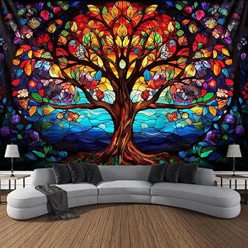 Tree of Life Wall Hanging Decor Tapestry with Stained Glass Colorful Wall Art Large Tapestry Mural Decor Photograph Backdrop Blanket Curtain Home Bedroom Living Room Decoration