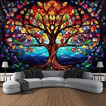Tree of Life Wall Hanging Decor Tapestry with Stained Glass Colorful Wall Art Large Tapestry Mural Decor Photograph Backdrop Blanket Curtain Home Bedroom Living Room Decoration