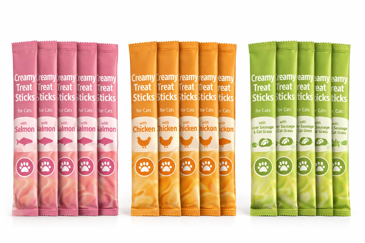 Creamy Cat Treat Variety Pack (15 x 15g Sachets) – Cat Treats with Chicken, Salmon & Liver with Cat Grass – Grain Free Cat Lick Treats, No Added Sugar, Kitten Friendly Cat Food Topper