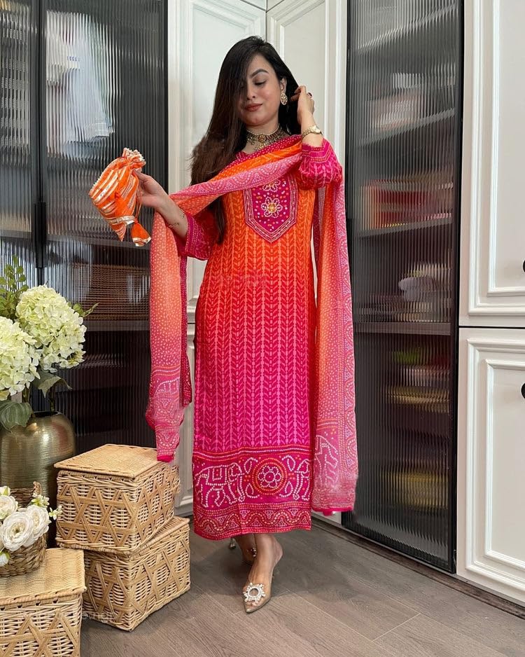 Image of GoSriKi Women's Rayon-Viscose Straight Kurta Set with Multicolor Bandhej Print - 3 /4 Sleeves, Calf-Length Kurta + Pant & Dupatta - Comfortable & Festive Ethnic Wear
