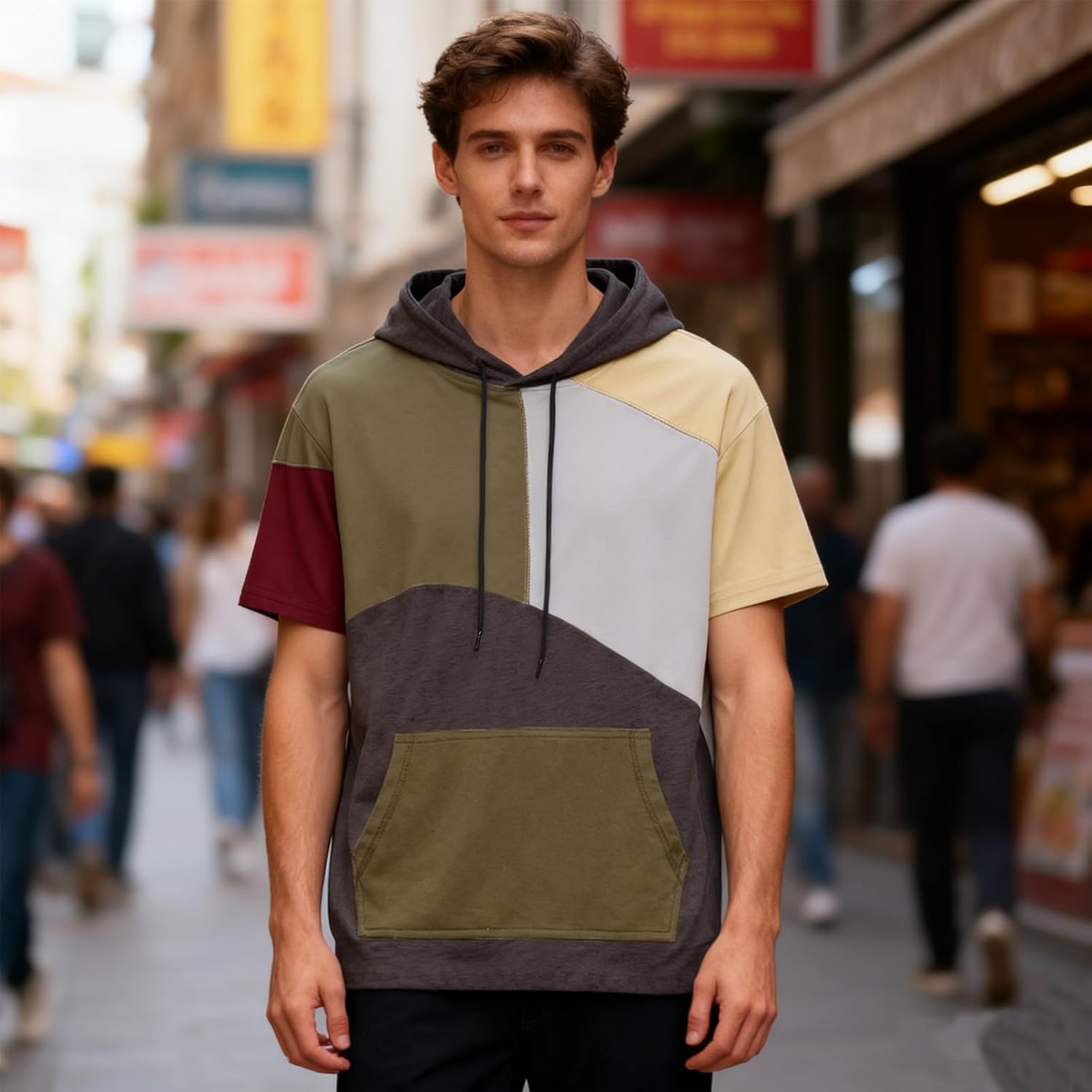 Mens Short Sleeve Hoodie Soft Cotton Color Block T-Shirt Sweatshirt Big Pocket Half Sleeve Summer Pullover - Image 3