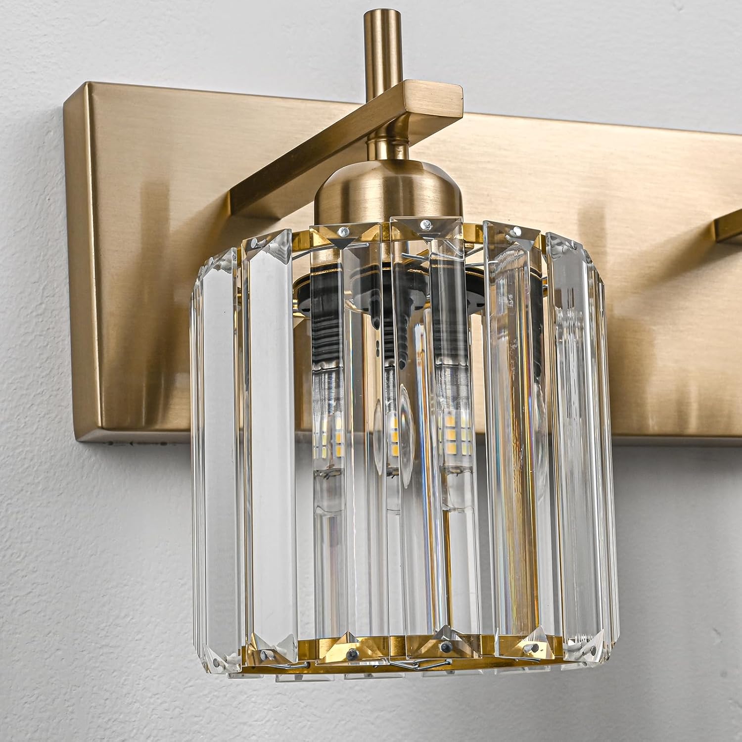 Modern Crystal Bathroom Vanity Lights, Gold 4-Lights Bathroom Light Fixtures Over Mirror, Crystal Wall Lighting with Polished Gold Finish