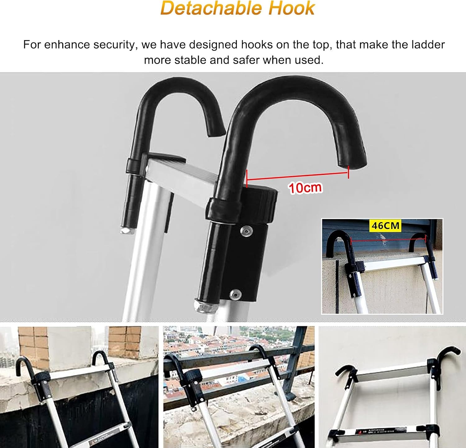 Folding Telescoping Ladder Aluminum Telescoping Ladder with Detachable Hook, Lightweight Telescopic Extension Ladders for Home Loft Outdoor Work, 330lbs Load Capacity