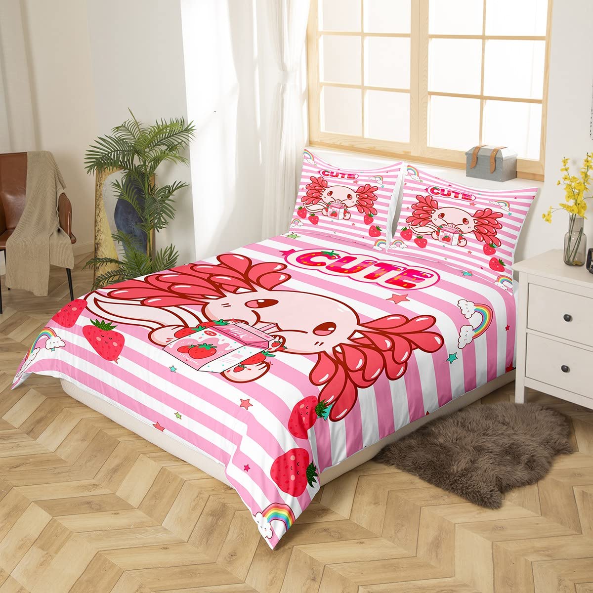 Set di biancheria da letto Axolotl con piumone Kawaii Axolotl in piuma e set di biancheria da letto per ragazzi e ragazze, Bedding Piumino per letto 230x220cm