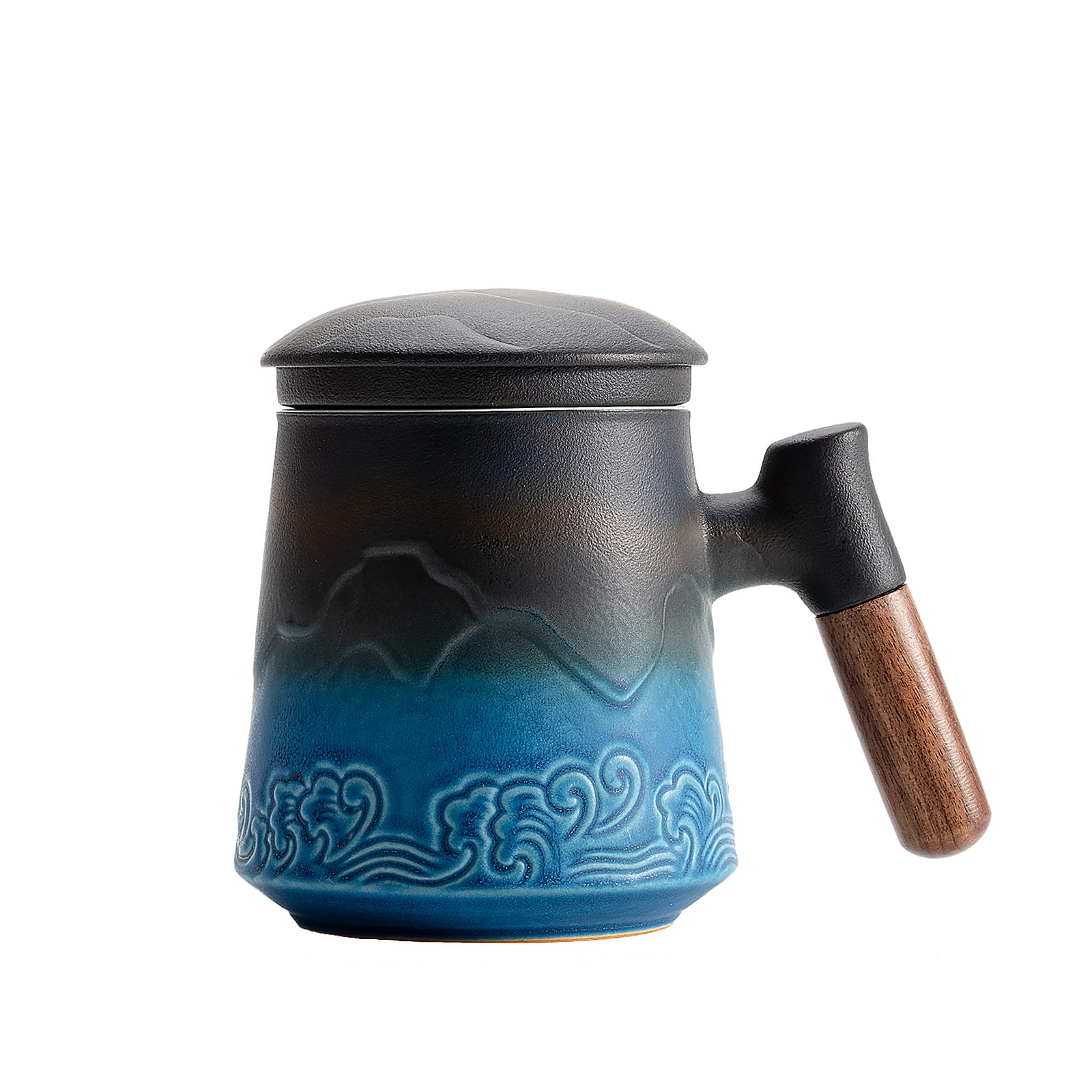ZENS Taza de té con infusor y tapa, 500 ml - Taza de cerámica con relieve para té de hojas, mango de madera - Taza con filtro para amantes del té, azul