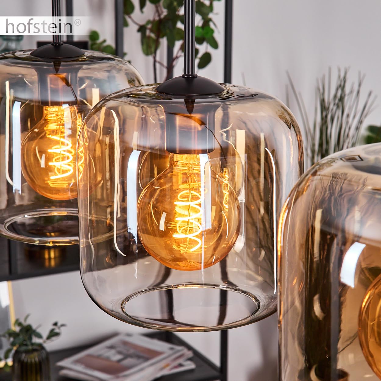 Pendelleuchte Lauden, Pendellampe aus Metall/Glas in Schwarz/Bernsteinfarben/Klar, Leuchte im modernen Retro/Vintage-Design mit Schirmen aus Glas (Ø 20 cm), Höhe max. 150 cm, 3x E27, ohne Leuchtmittel