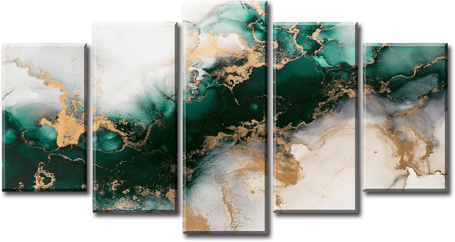 5 Piece Canvas Wall Art Prints - Large Framed Green Abstract Textured Art for Living Room, Emerald Green Gold Fluid Marble Decor - Modern Bedroom Office Decorations
