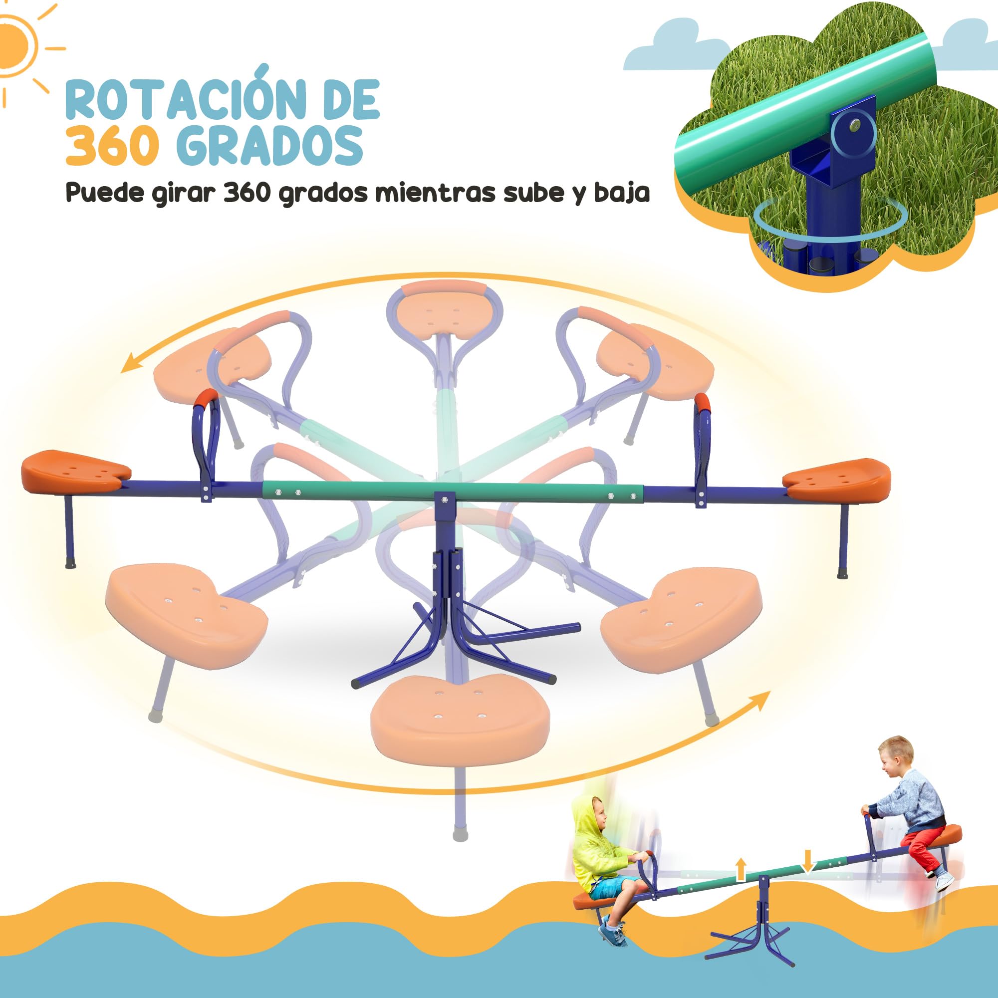 Outsunny Balancín para Niños Carga 90 kg Sube y Baja Infantil Giratorio 360° Barra con Longitud Ajustable con Poste Amortiguador Asiento Cómodo Asa Suave y Base de Acero para Patio Jardín Multicolor