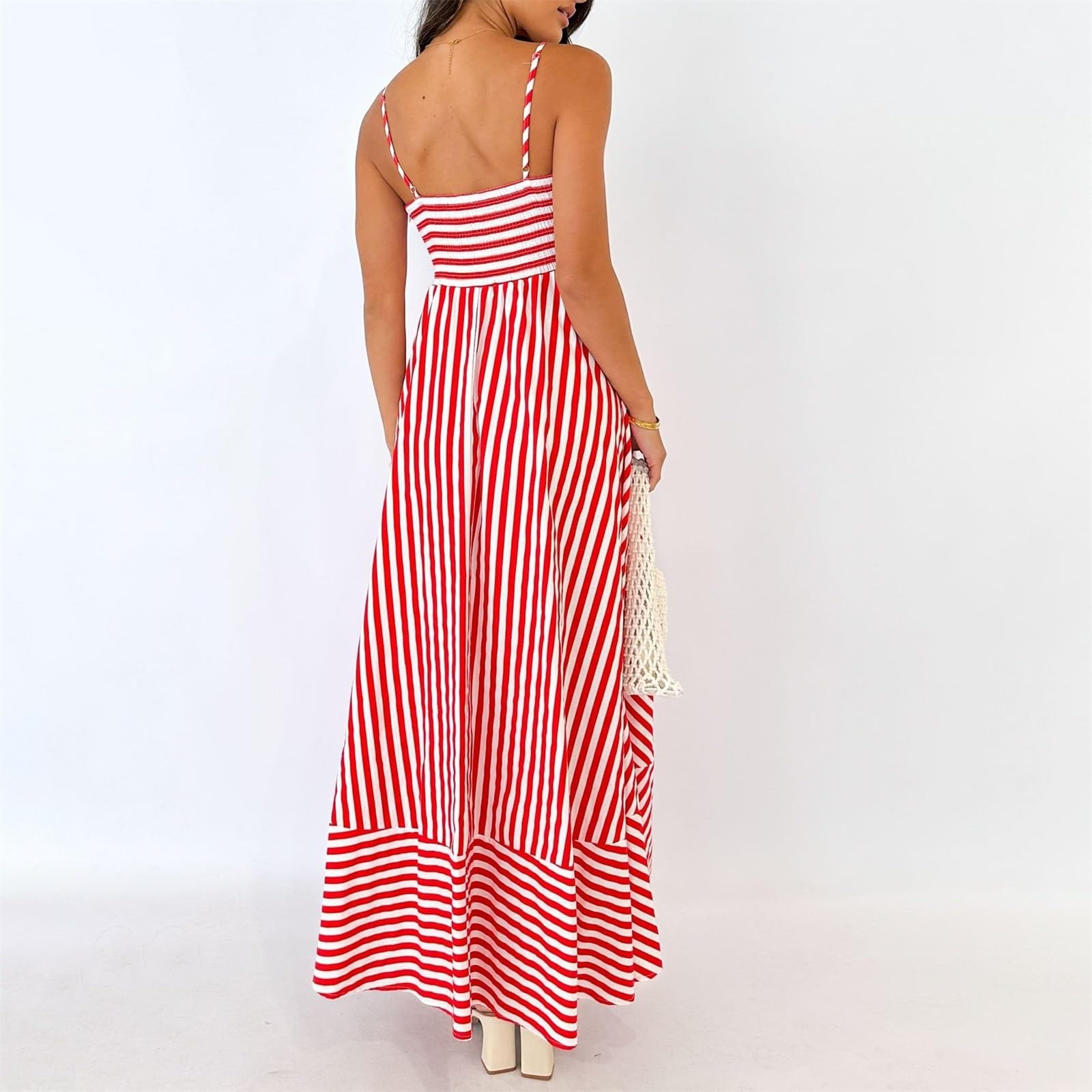 Robe de plage longue à rayures pour femme - Robe maxi simple et légère | Robe de loisirs à bretelles spaghetti, sans manches, à rayures verticales, robe de maison, robe à bretelles dénudées