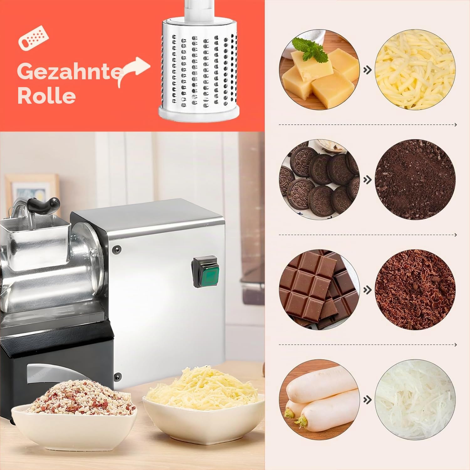 Avilia Professionelle elektrische Käsereibe aus Edelstahl, 200 W, ideal für Käse, Schokolade, Brot, verstellbarer Schnitt, 32,5 × 15 cm, hergestellt in Italien
