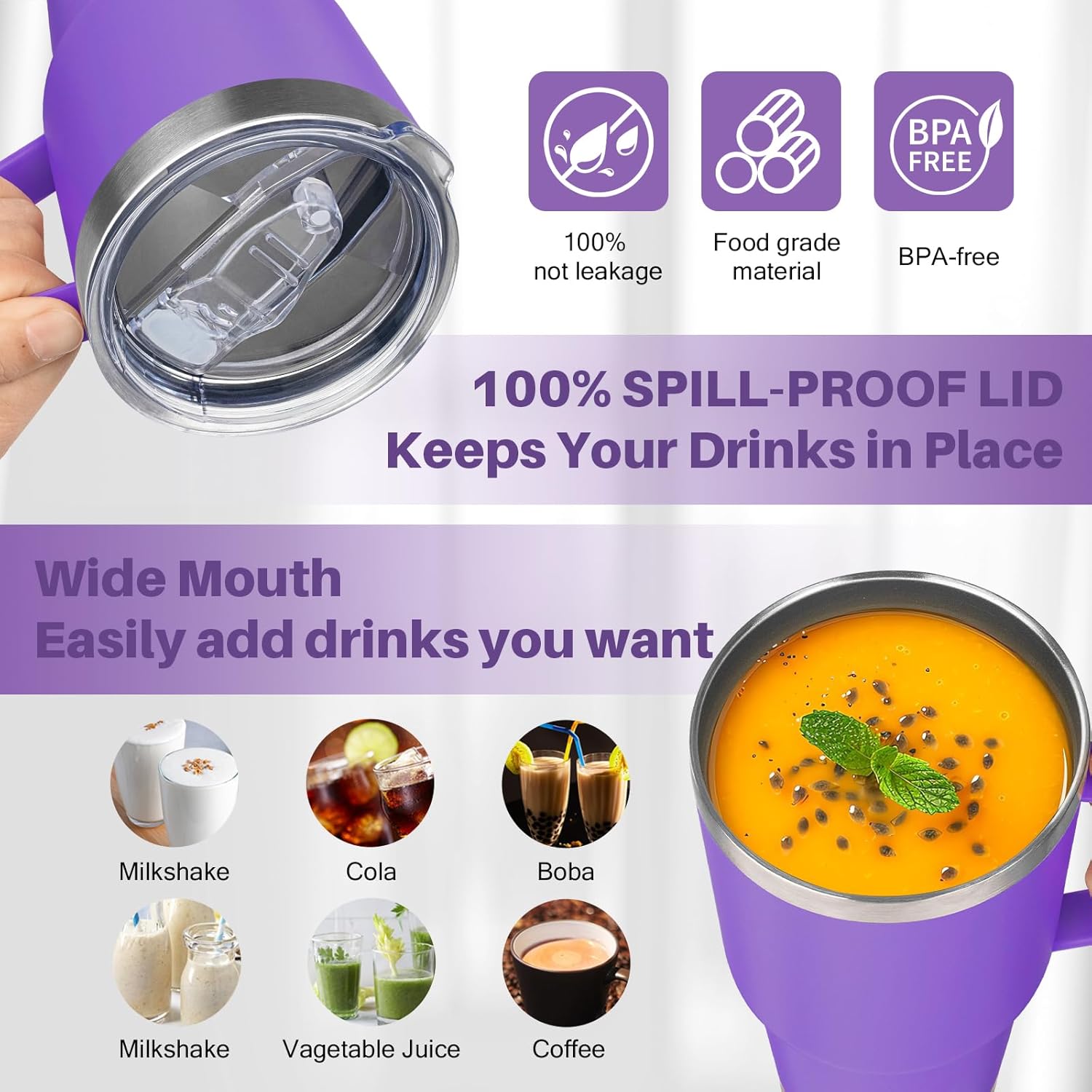 30 oz Stainless Steel Insulated Tumbler with Handle, Lid and Straw, Double Wall Vacuum Insulated Coffee Mug, Insulated Coffee Thermal Cup for Cold and Hot (Purple) - Image 4