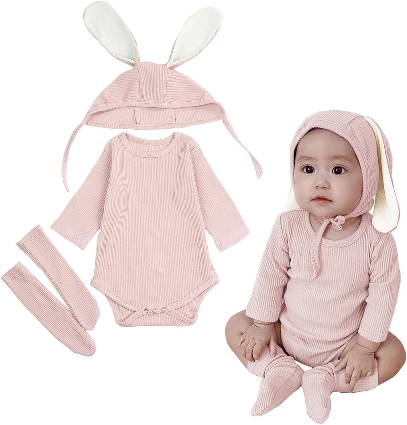 AGQT Newborn Baby Bunny Costume 1st Easter Outfit 3PCS Long Sleeve Romper Baby Boys Halloween Costume Size 0-6 Months
