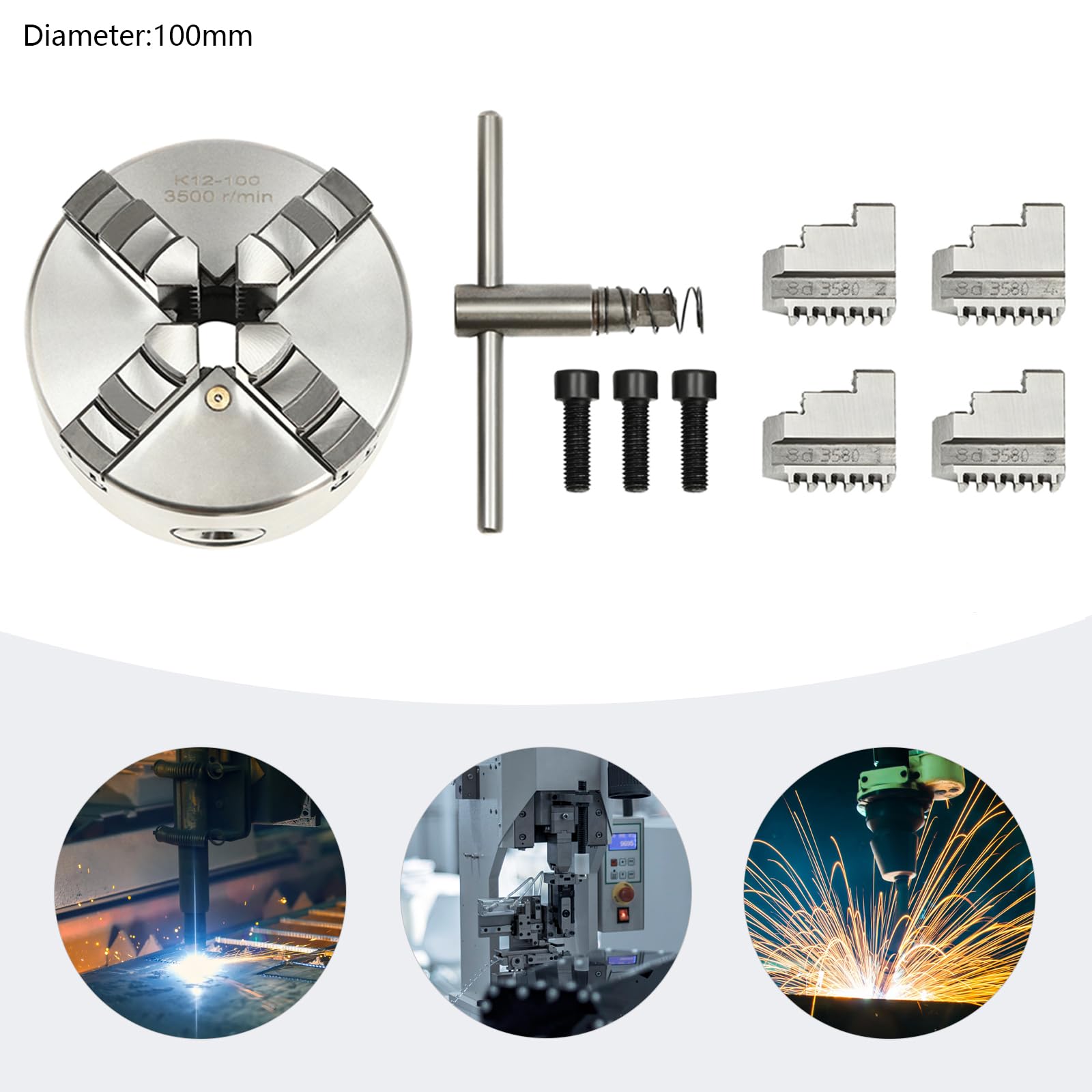 100MM 4 Backen Drehfutter, HT300 Silber Spannbereich 3–9CM Hochpräzisionsverstellbar Drehfutter Backenfutter mit T-Schlüsselschrauben für Drehmaschinen Holz Metall Werkzeugmaschinen