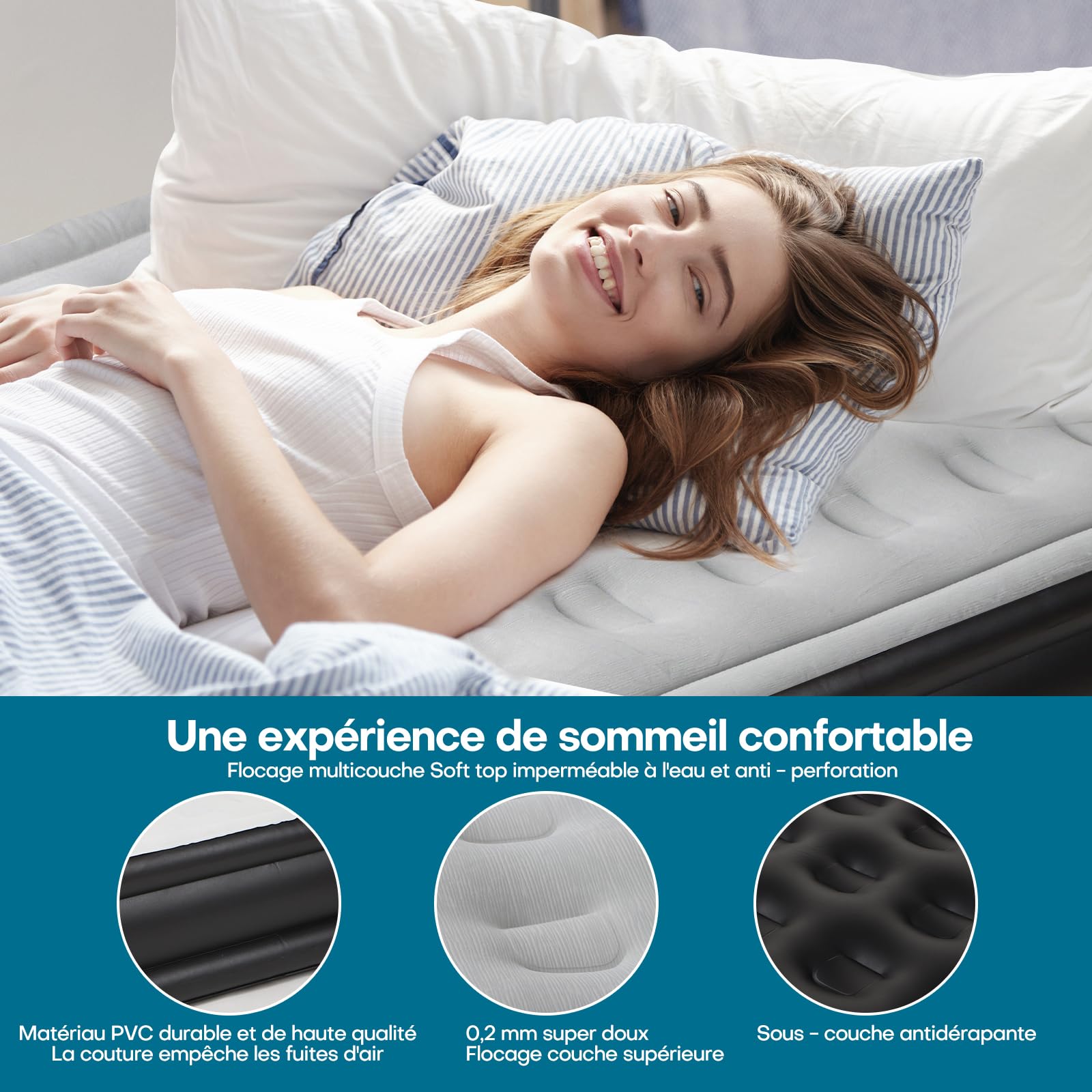 Panana Matelas Gonflable 1 Personne avec Pompe Intégrée, Lit Gonflable Simple 196x97x47cm, Matelas d’Appoint avec Surface Floquée et Sac de Rangement pour Maison Camping Invités
