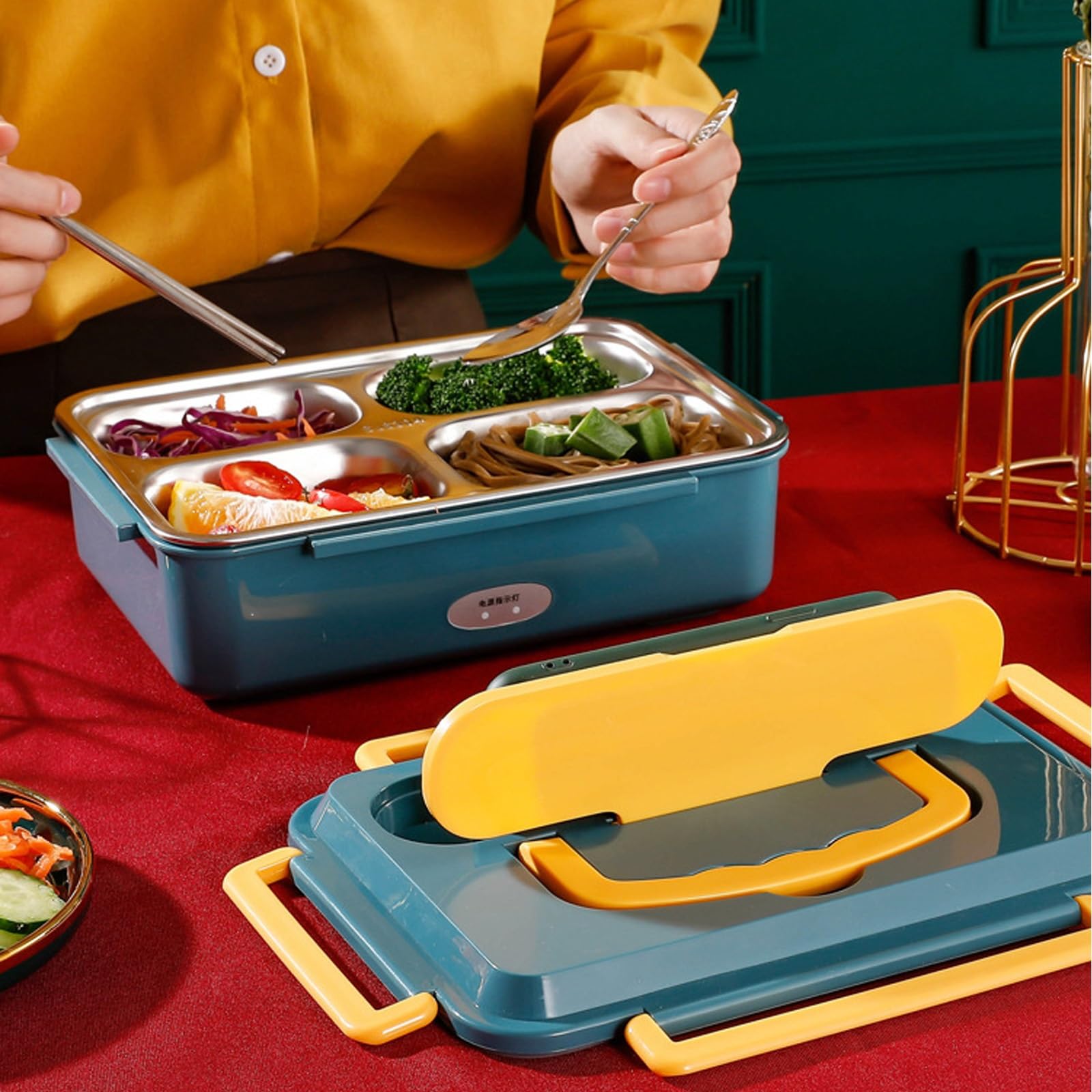 Fiambrera térmica portátil de acero inoxidable con 3 compartimentos y cubiertos, ideal para el trabajo, el coche, el camión o el hogar. Calentador de alimentos portátil de 1,2 litros con bol