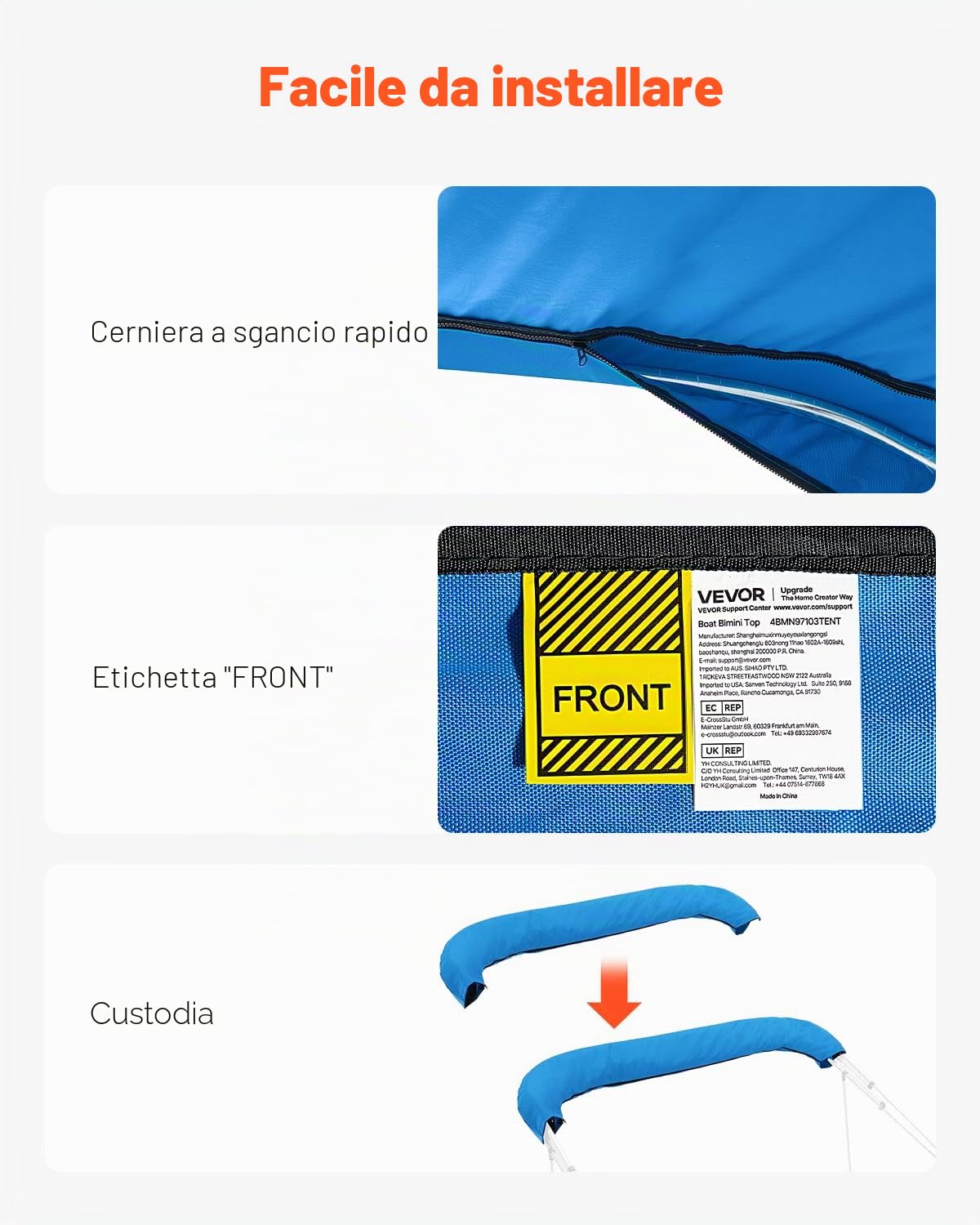 VEVOR Tendalino Parasole per Barche, Telo di Ricambio per Tendalino a 4 Archi 271 x 244 cm per Barche in Tessuto 600D Impermeabile Grado Nautico, Senza Telaio, Solo Telo, Resistente al Vento, Blu
