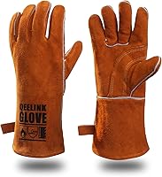 QeeLink Welding Gloves: Heat & Flame Resistant Leather with Kevlar Stitching for Welding, Fireplace, BBQ, Gardening - 14/16 Inch