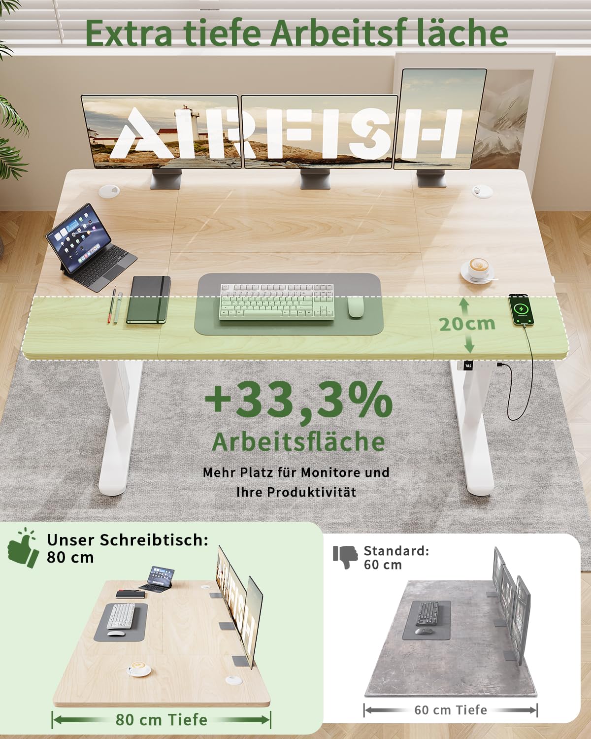 Airfish Höhenverstellbarer Schreibtisch 160x80cm mit USB-C,Eiche | Schreibtisch Höhenverstellbar Elektrisch mit Kabelmanagement, Steh-Sitz Tisch, Bürotisch Computertisch für Home Office & PC
