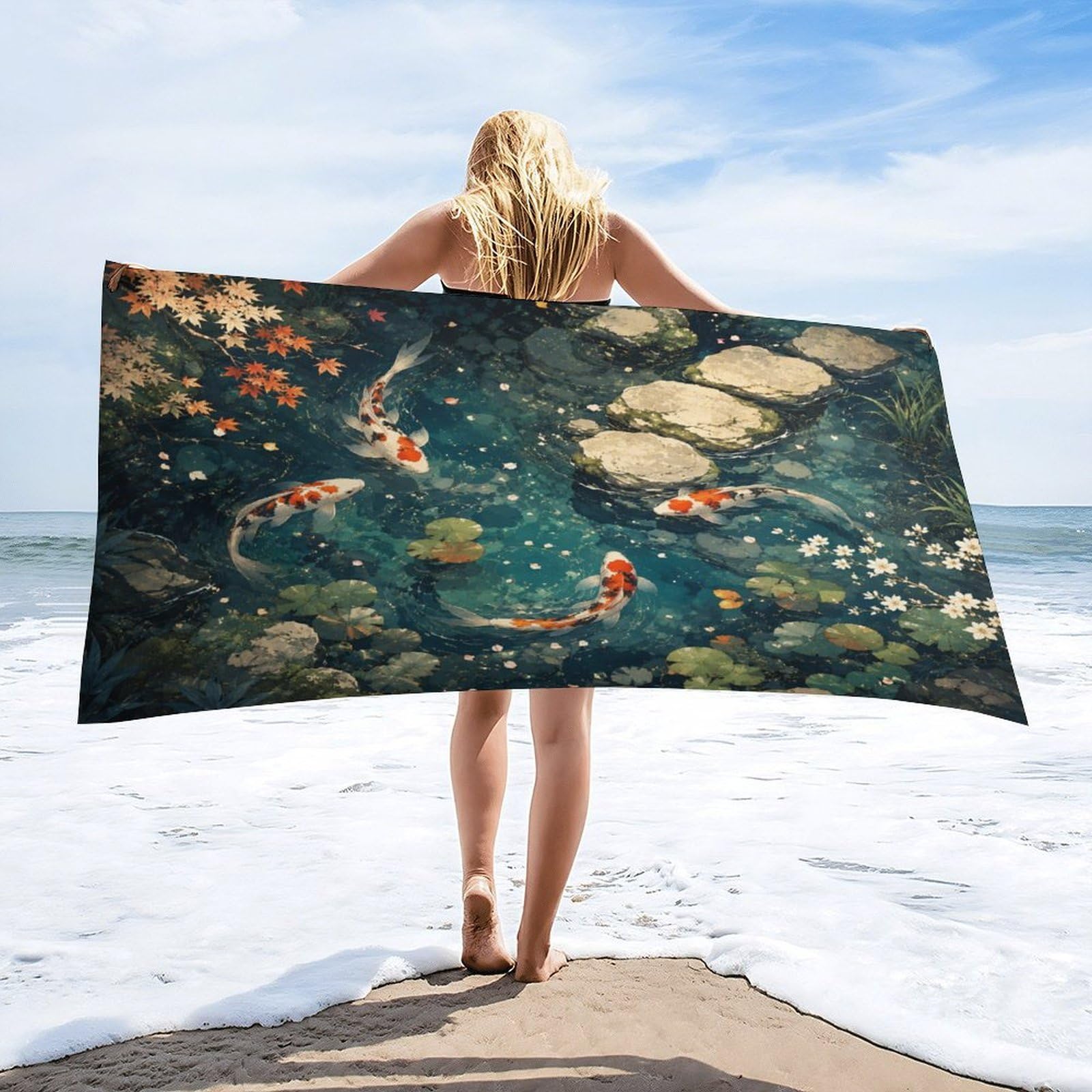 Anceky Koi Fish Pond Garden Beach Towel 32"×63",Soft Microfiber Bath Towel Shawl, Quick Dry Absorbent Pool Spa Gym Shower Towel