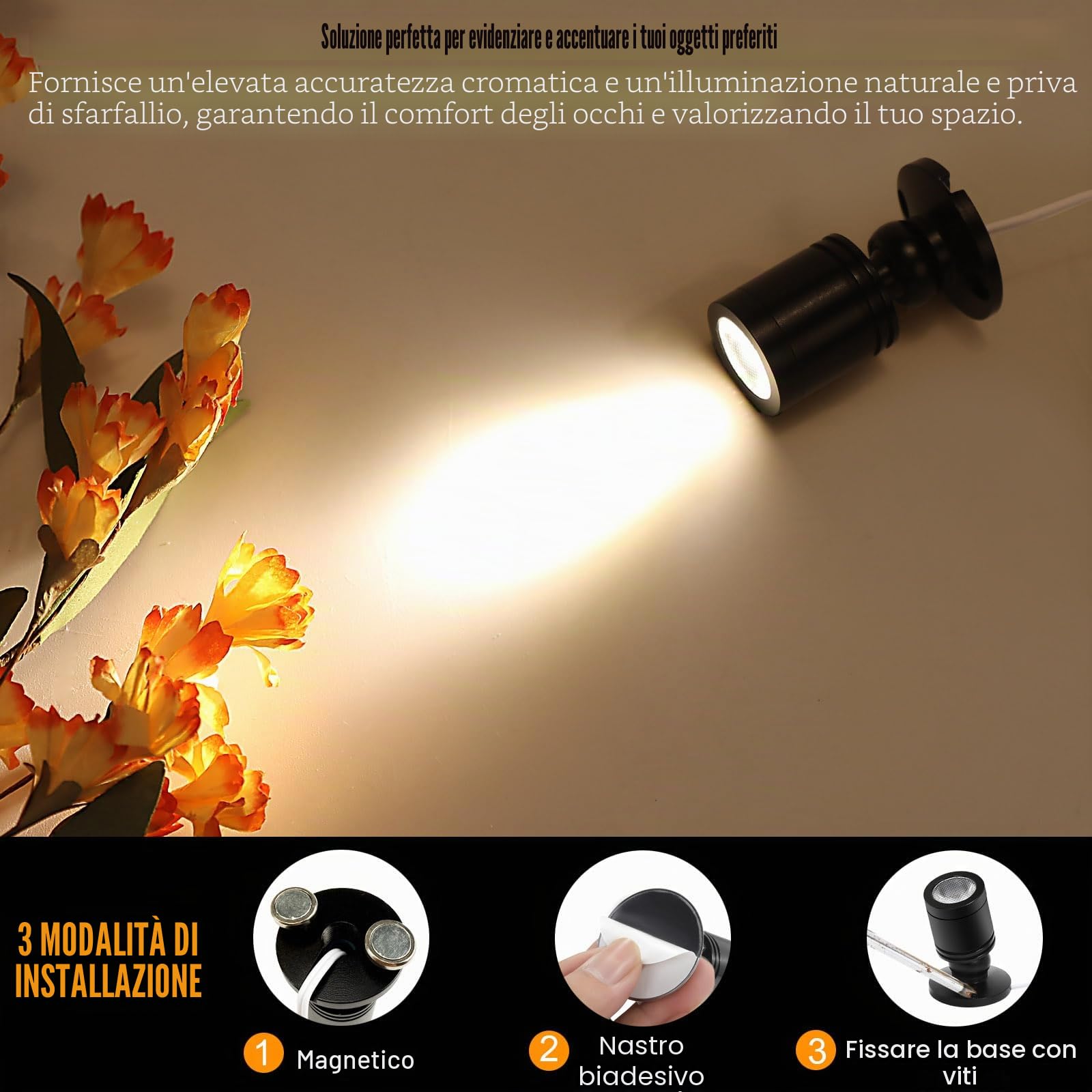 Faretti LED per Interni, Mini Spot Orientabile da 1 W per Mobili, Quadri, Armadi, Corridoi, Gallerie, Negozi, Vetrine per Gioielli - Luci d'Accento