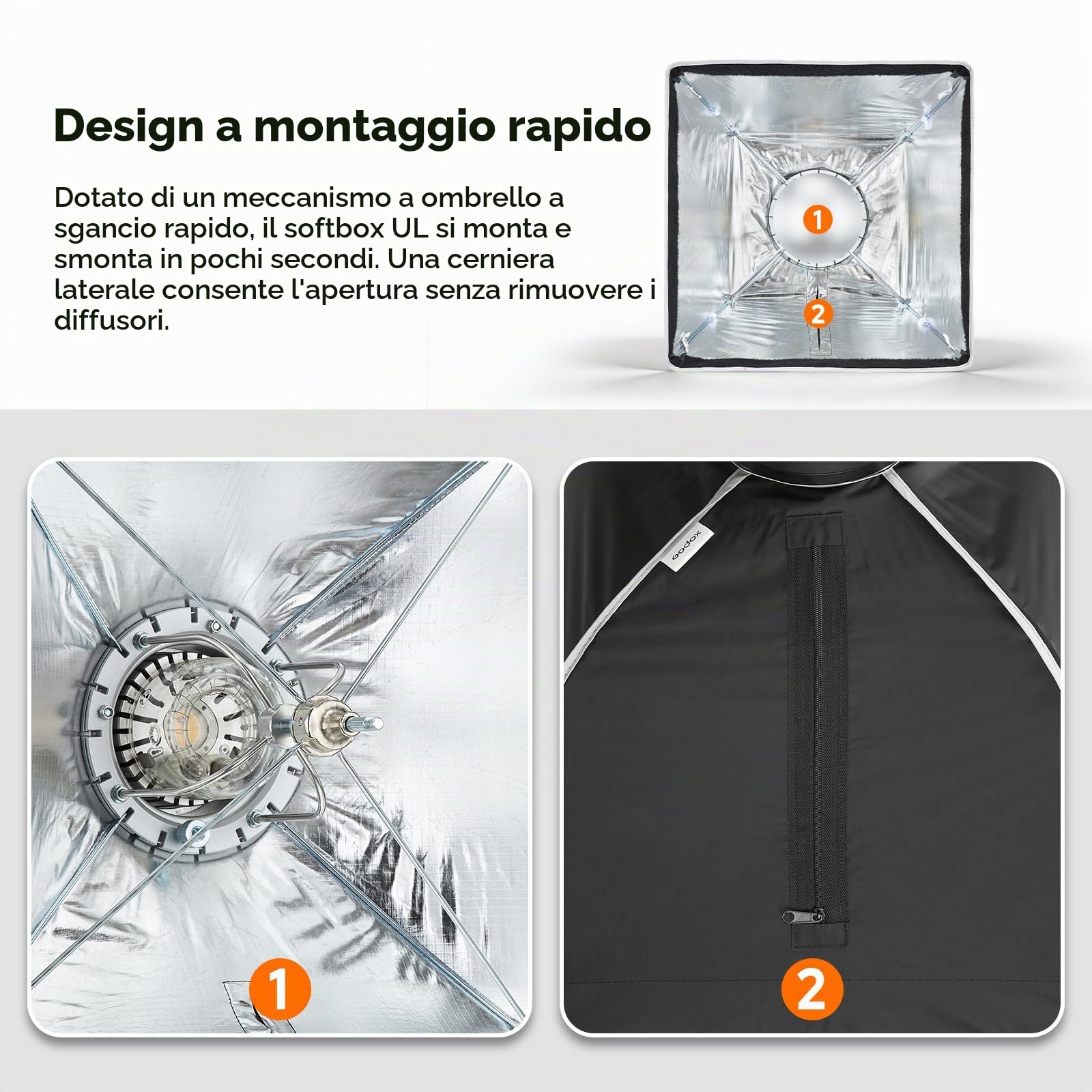 Godox UL-Box 40x40 centimetri / 16x16 pollici Ombrello Softbox a rilascio rapido - Softbox quadrato con diffusori e configurazione rapida, compatibile con il supporto Bowens