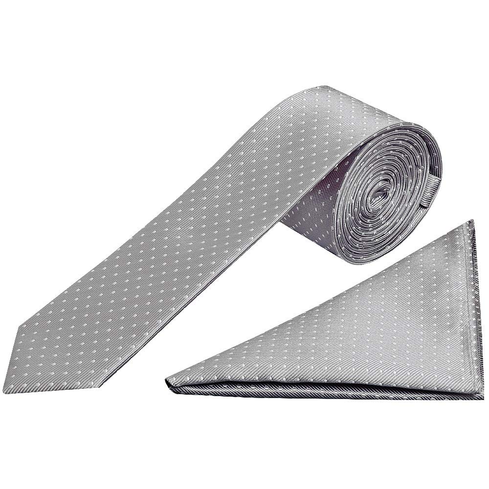 TIES R US Silver and White Polka Dot Skinny Boys's Tie and Handkerchief Set