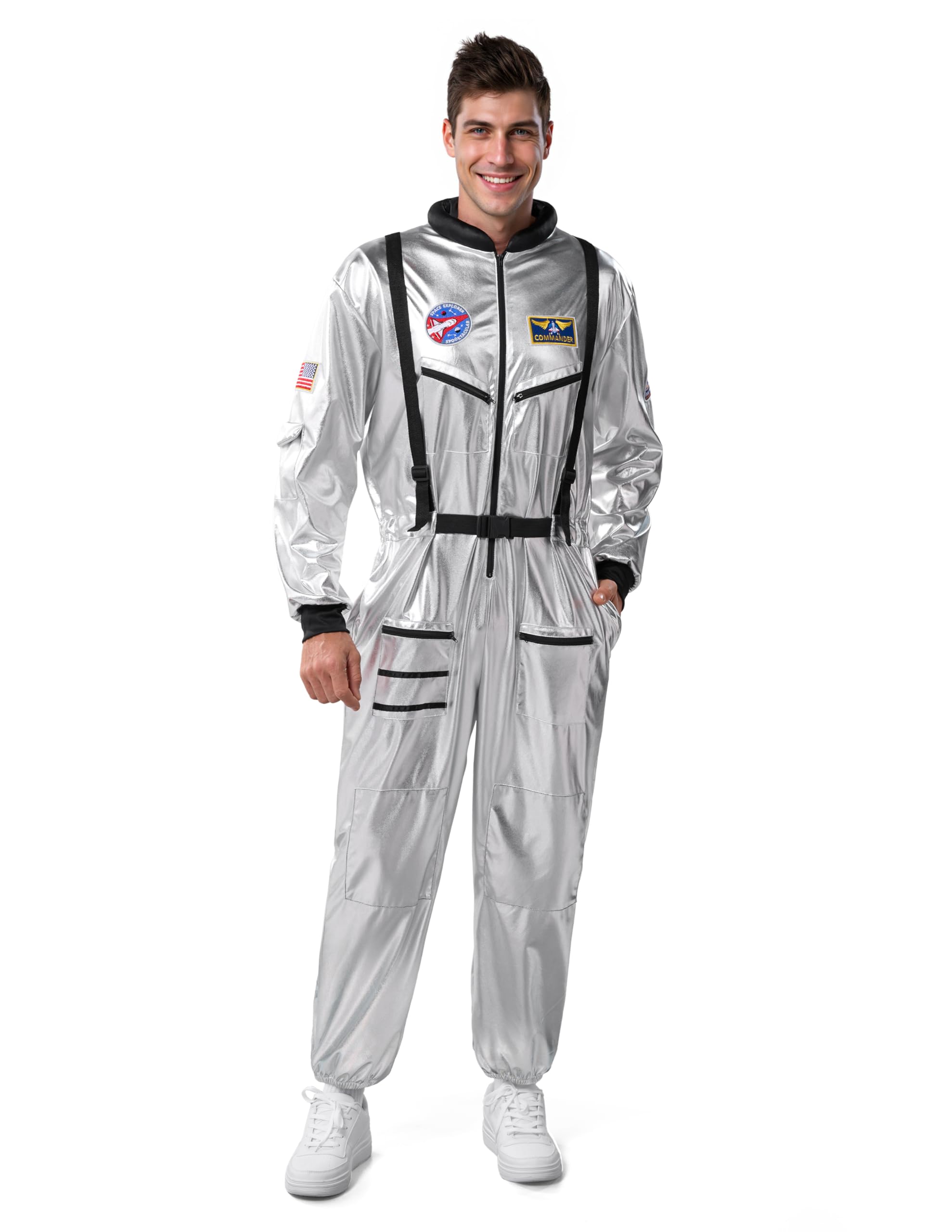 Spooktacular Creations Disfraz de astronauta de Halloween para hombre, traje espacial plateado, traje de piloto para fiestas de cosplay