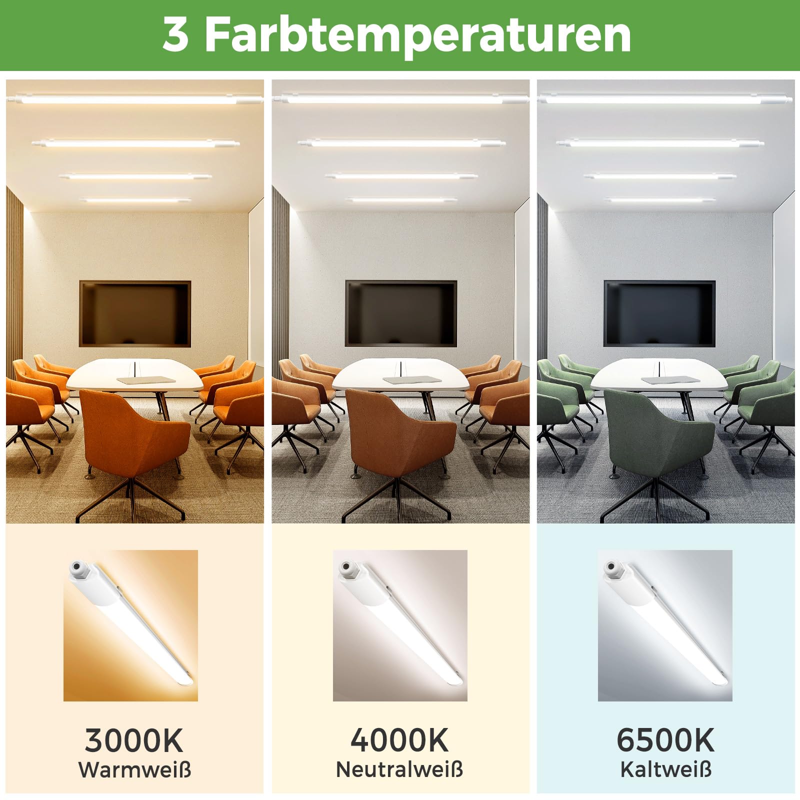 zemty Feuchtraumleuchte LED Röhre 120CM, 3000K/4000K/6500K 36W 3960LM LED Deckenleuchte, IP65 Wasserfest Lichtleiste für Kellerlampe, Werkstattlampe, Küchenlampe, Badlampe
