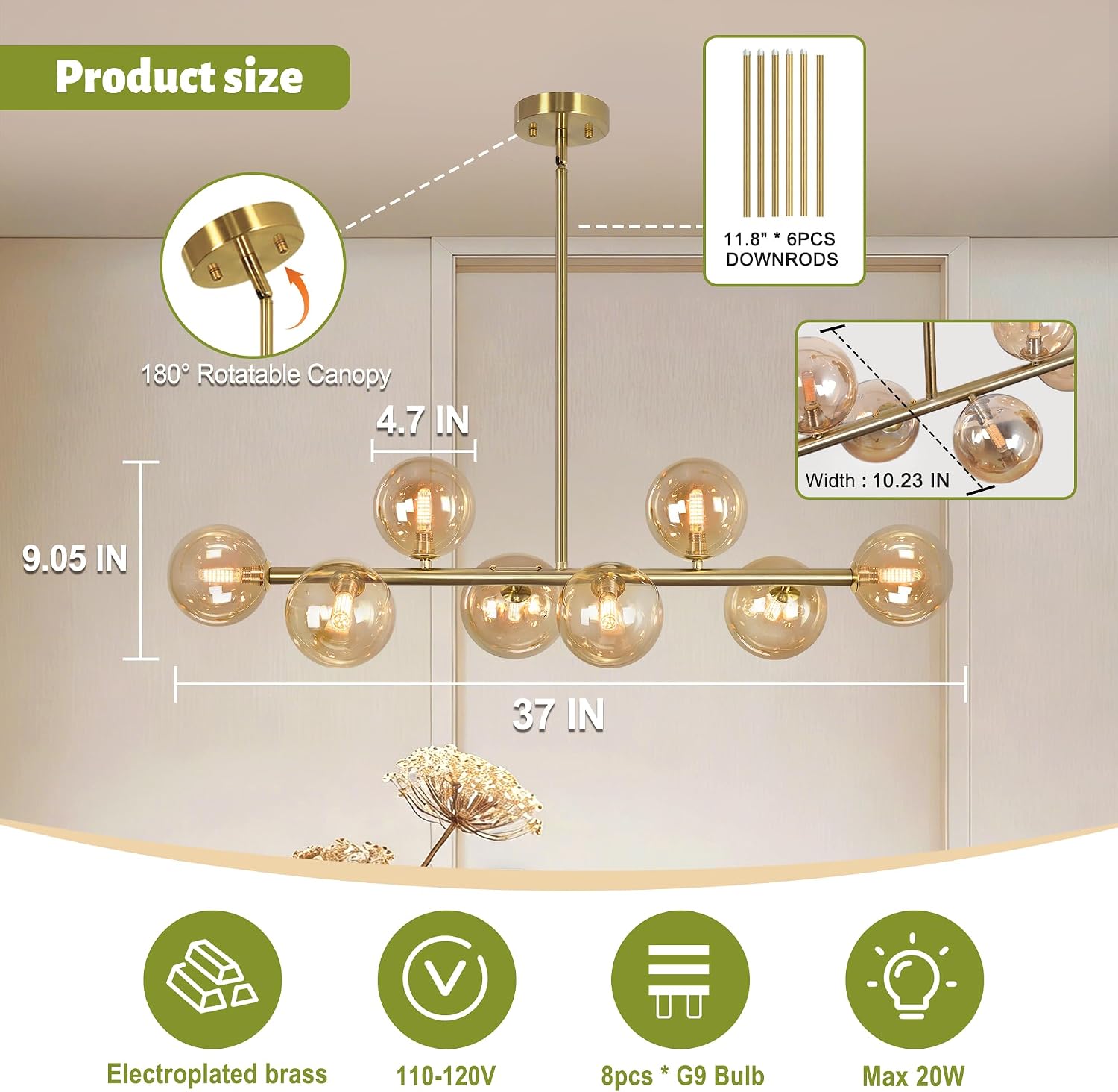 Gold Linear Chandelier, 8-Light Amber Glass Globe Chandelier Mid Century Modern Sputnik Chandeliers for Dining Room 37" Dining Room Light Fixture Pendant Kitchen Island Lighting, Electroplated Brass