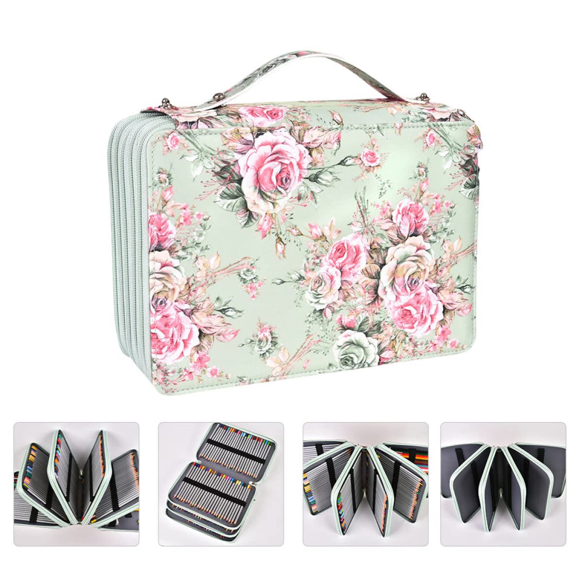 Housoutil Astuccio Portapenne Multistrato Scomparti Manico e Motivo Rosa Realizzato in Pu per Organizzare Pennarelli Matite Colorate e Acquerelli