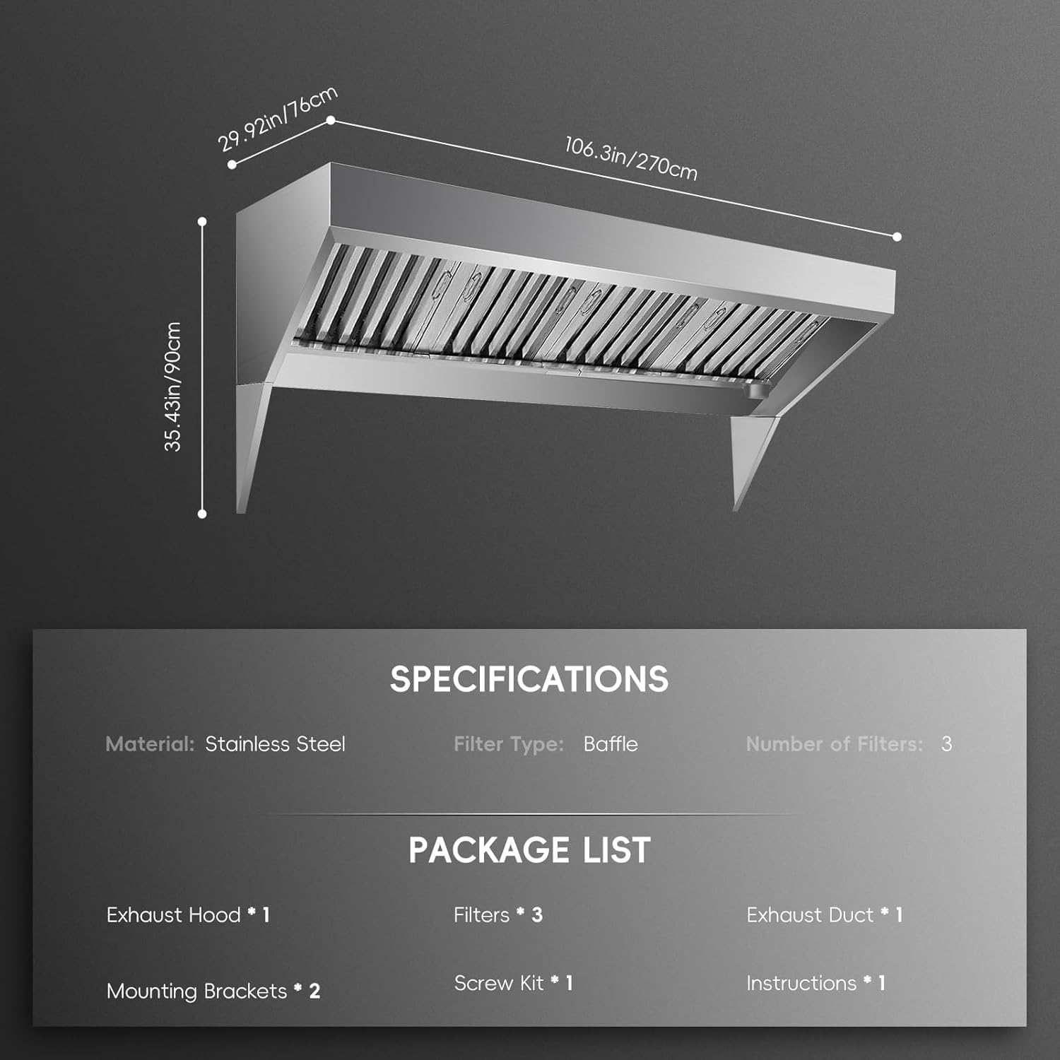 9FT Commercial Exhaust Hood, 201 Stainless Steel Rust-Resistant Vent Hood with 4 Detachable U-Shaped Grid Oil Filter for Food Truck, Concession Trailer & Commercial Restaurant Kitchen