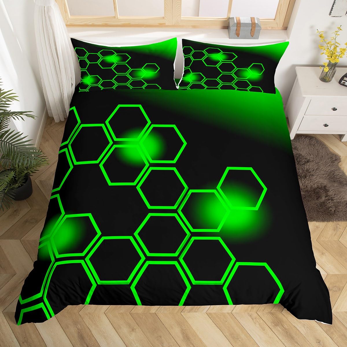 Loussiesd Green and Black Bedding Duvet Cover Set Honeycomb Bedding Set for Kids Boys Girls Decor Geometrical Comforter Cover Set Beehive Geometric Green Bedspread Cover Double — image 1
