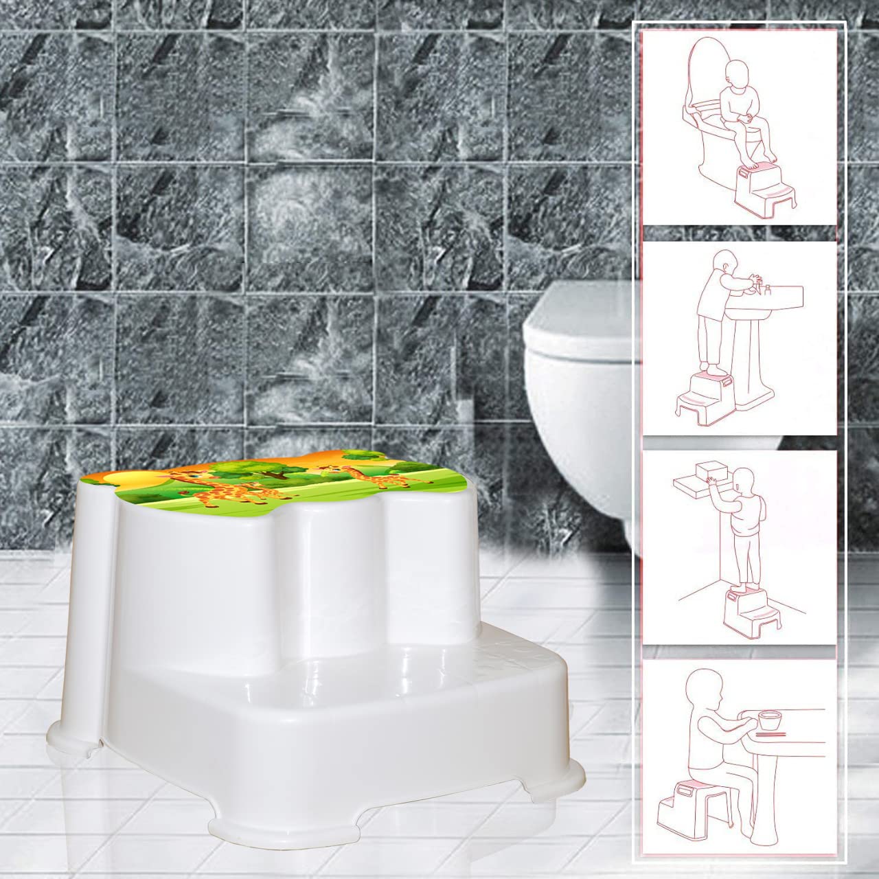 Techhark® Kids Toilet Training Set with Step Stool and Potty Seat, Safari Giraffe Design, Lime Green and White - Image 8 thumbnail