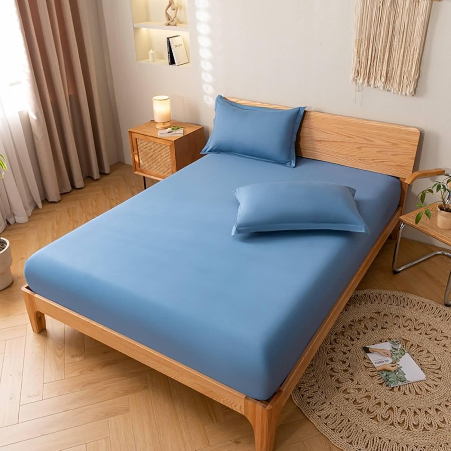 Beydodo Deep Pocket Bedding Fitted Sheet, Bed Fitted Sheet 180x200cm Solid Blue, Cotton Fitted Bed Sheet for Dorm